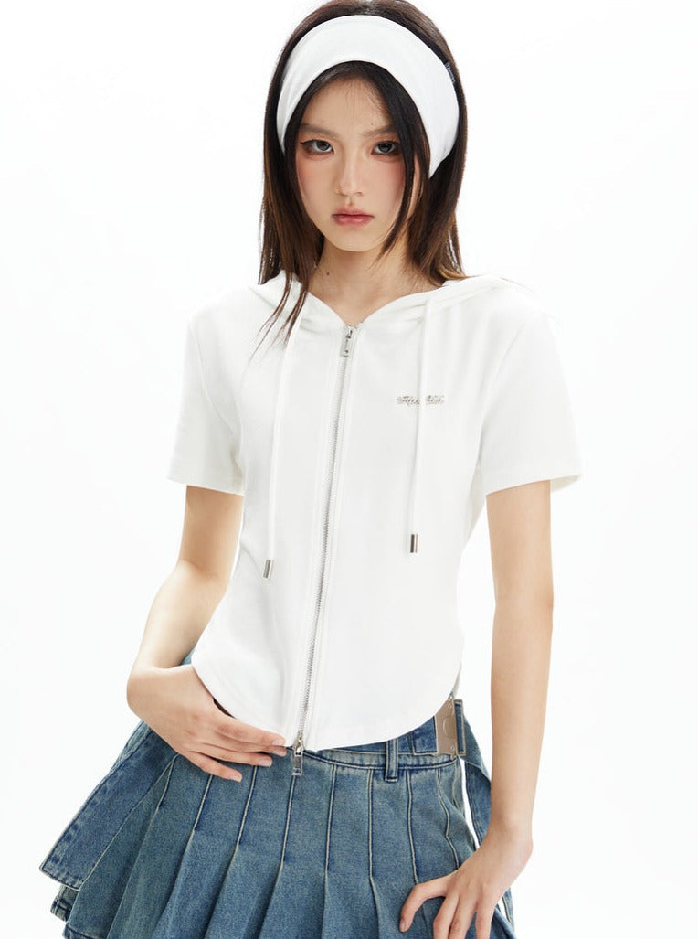 Hooded Zipper Short Sleeve T-shirt