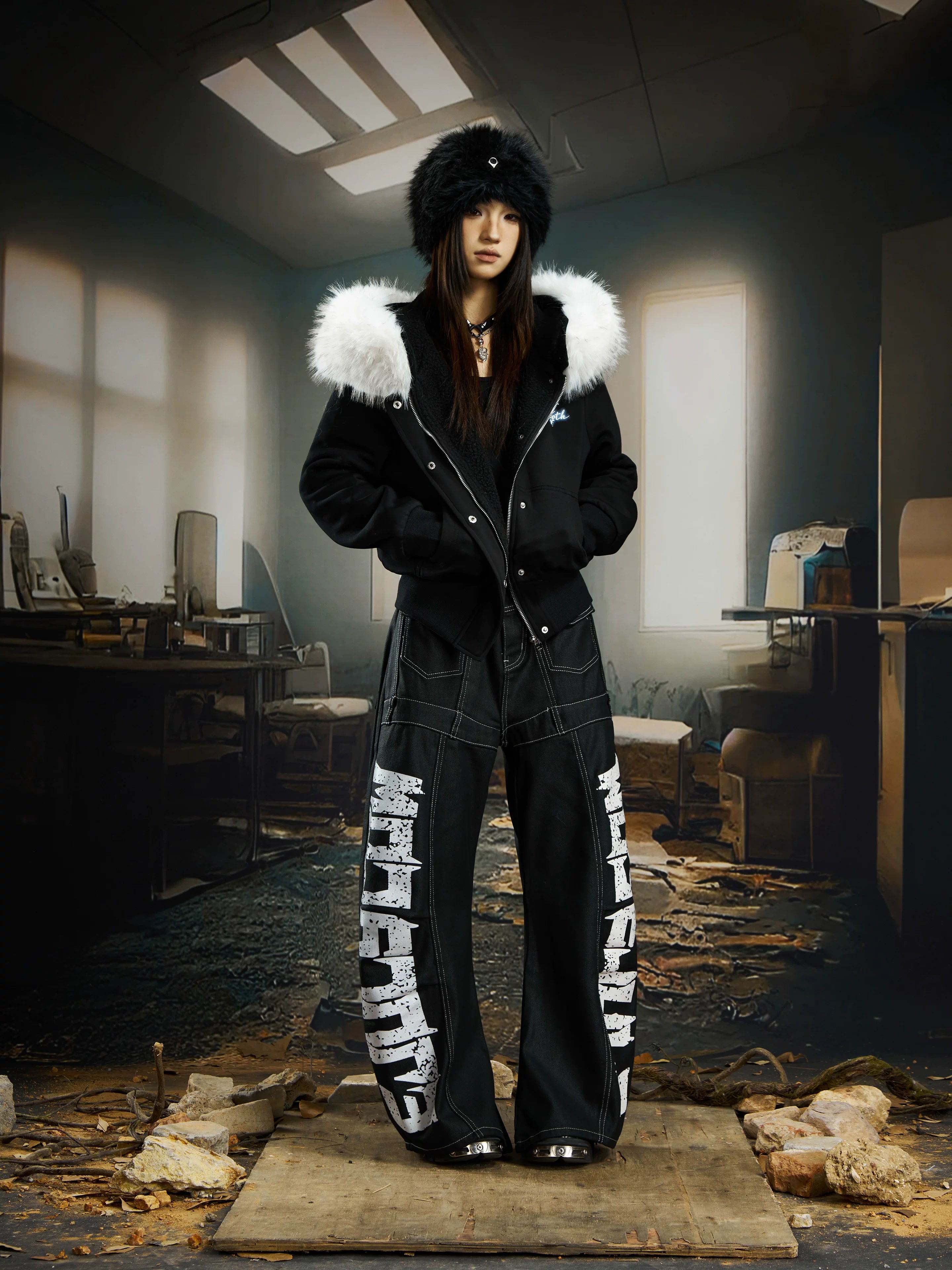 Wreckline Script Wide‑Leg Denim Pants