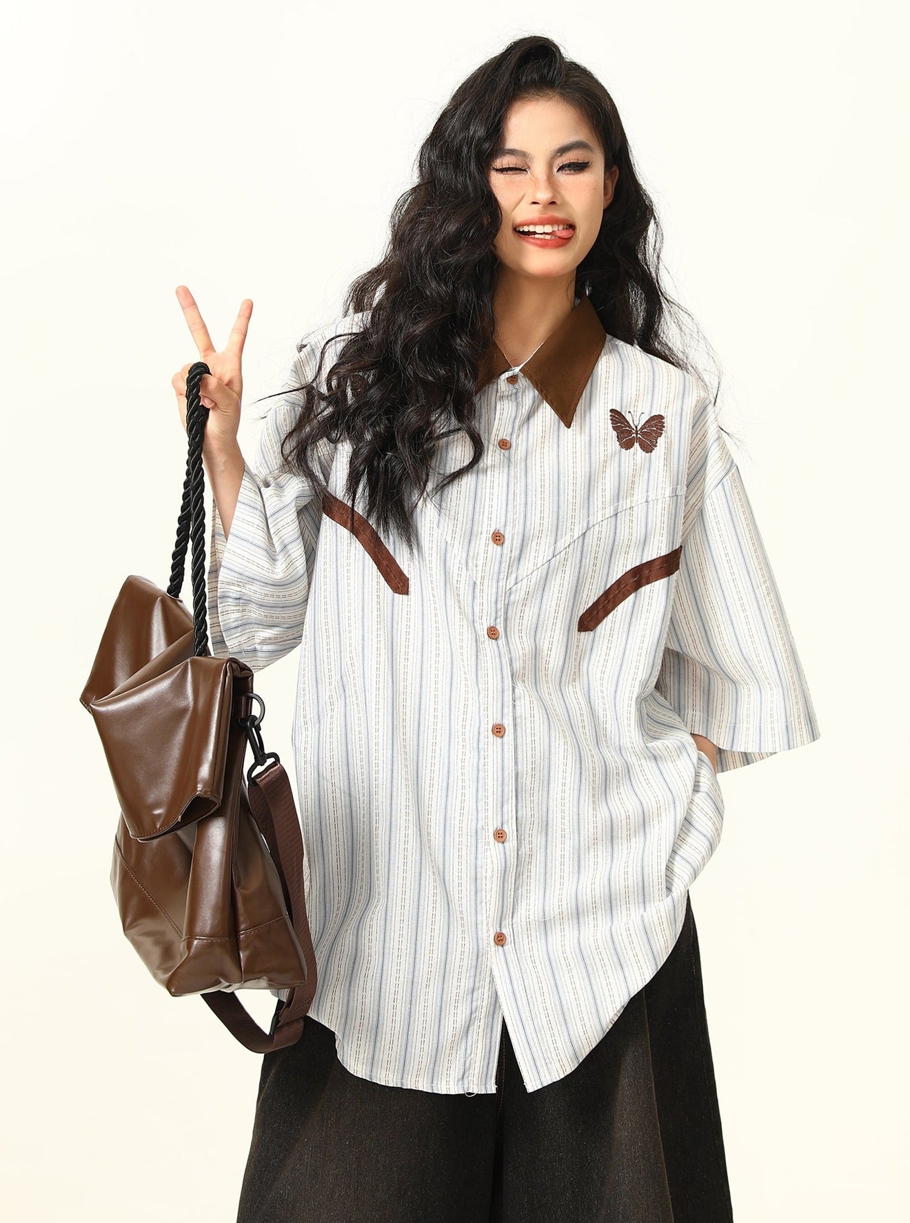 Butterfly Western Stripe Button-Up Shirt