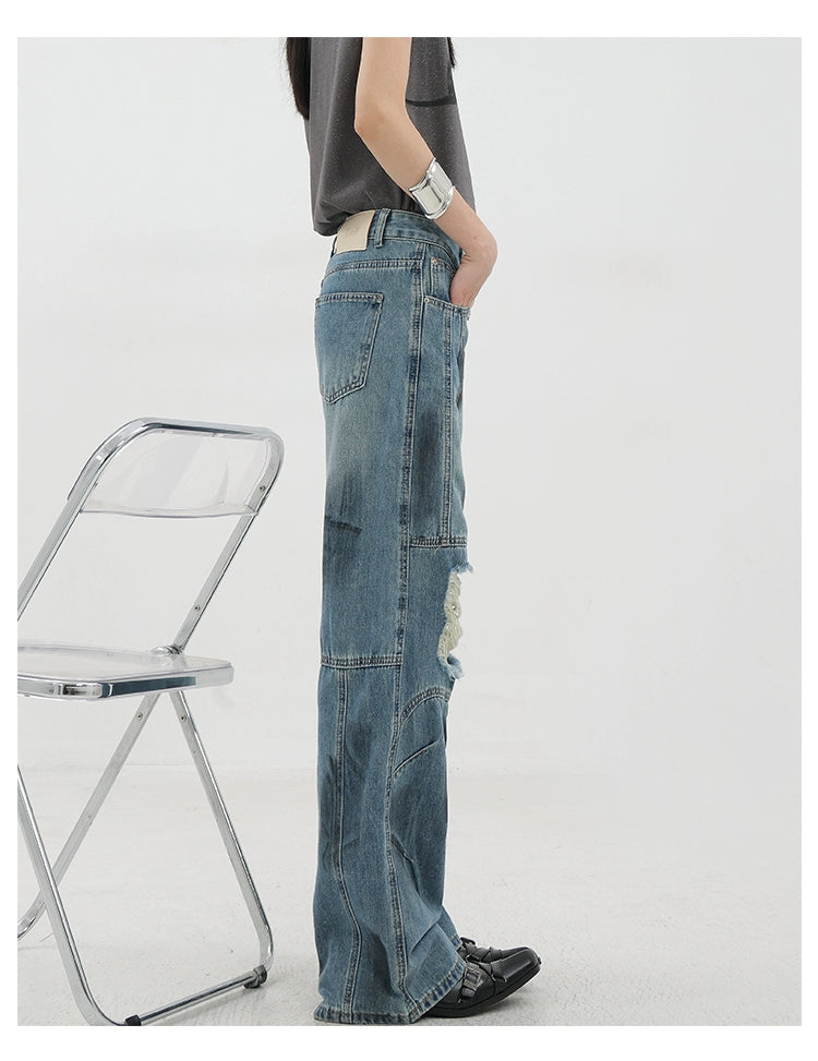 Vintage Distressed And Dirt-Dyed Patchwork Wide-Leg Jeans - chiclara