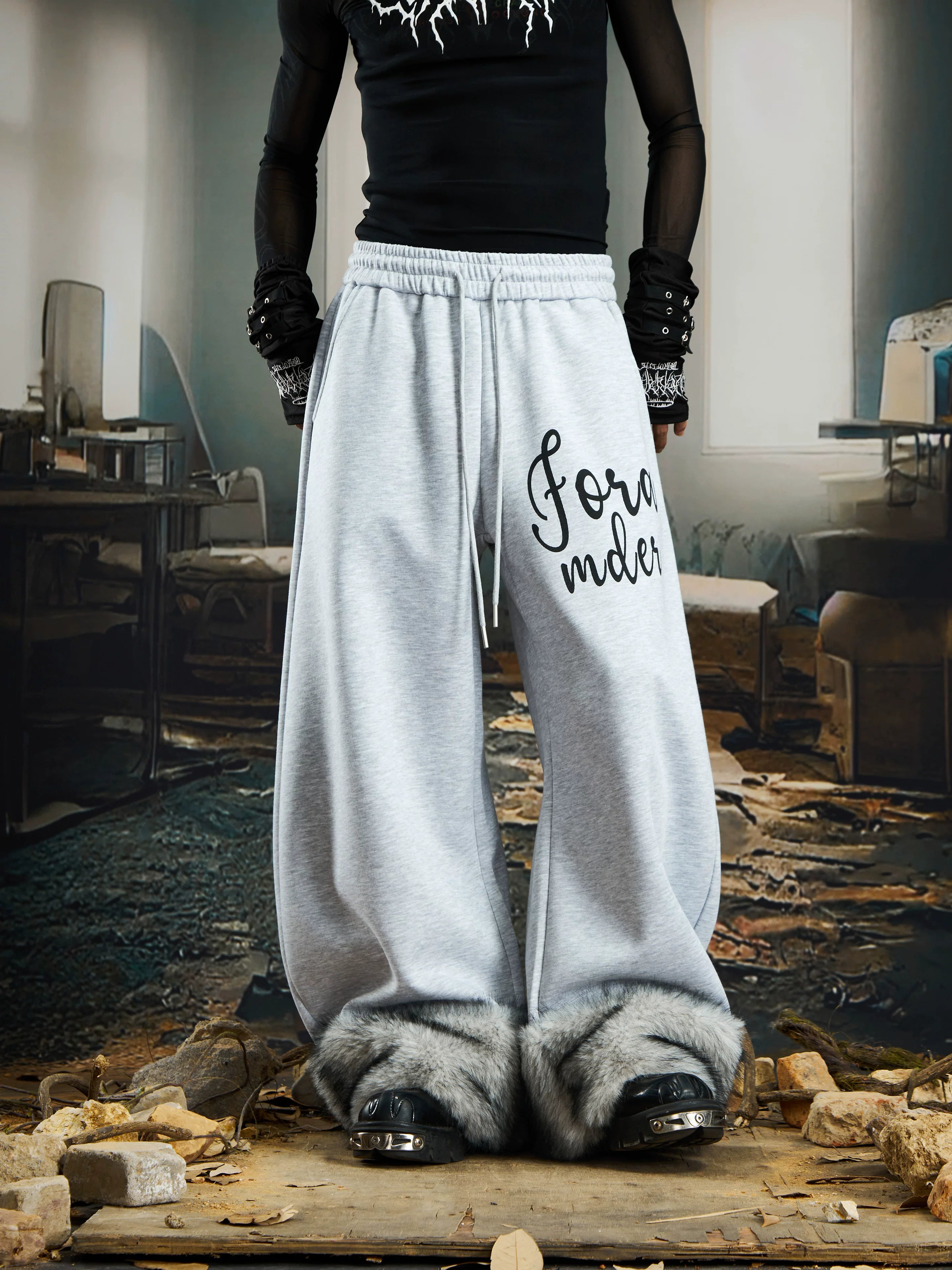 Frostbound Script Fleece‑Cuff Lounge Pants