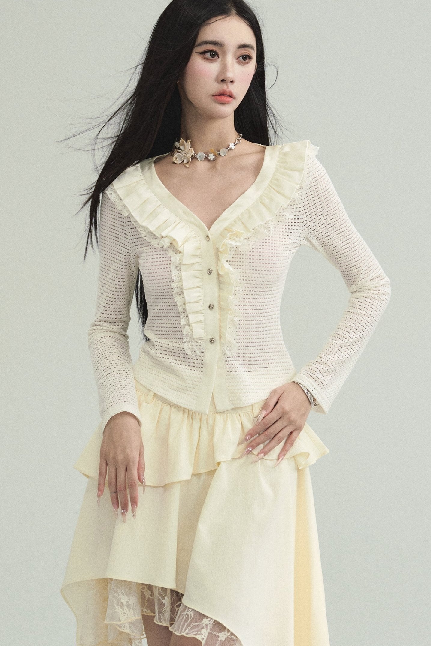 Cream Ruffled Collar Long Sleeve Cardigan