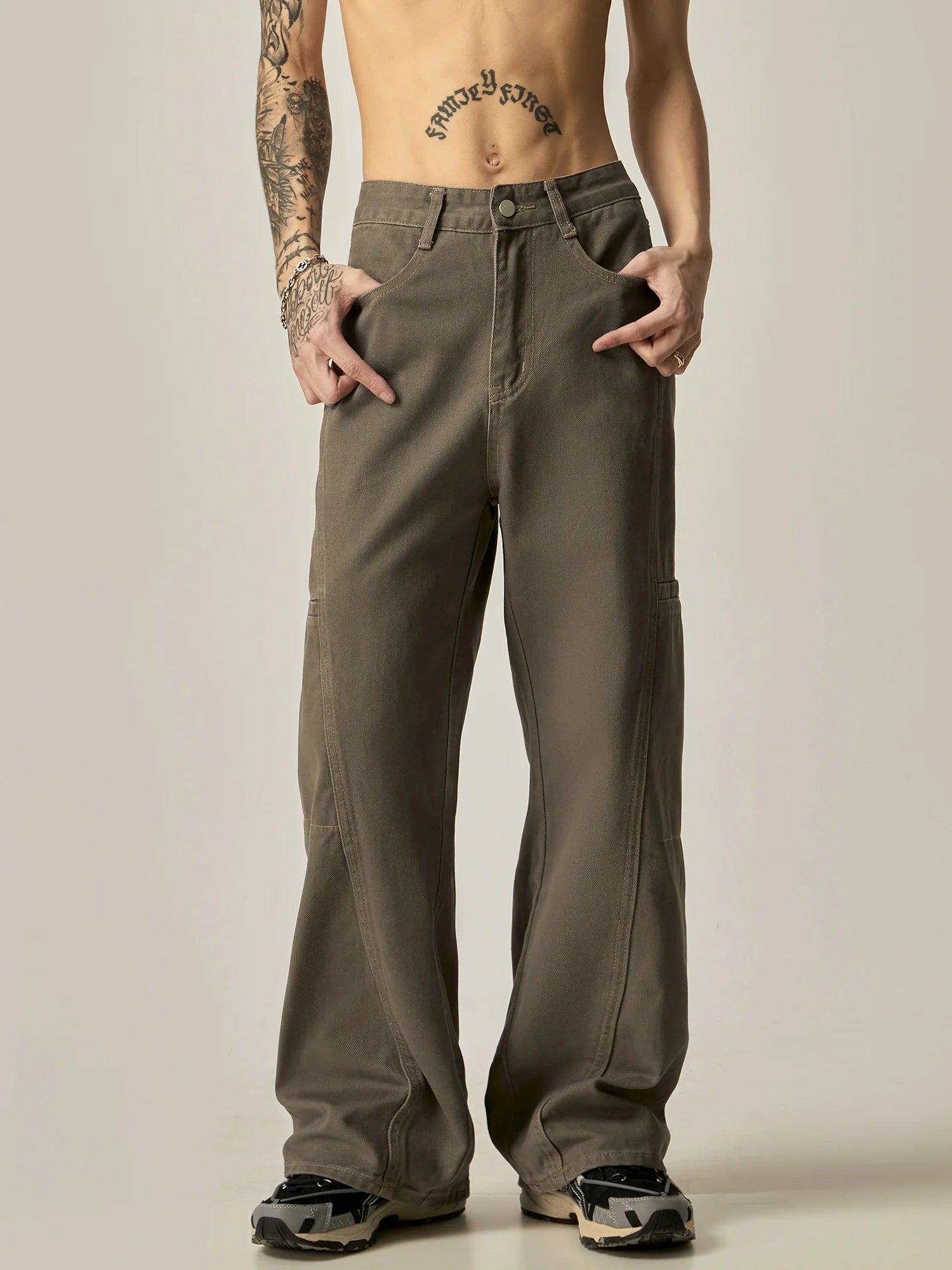 Olive Drab Wide-Leg Utility Cargo Jeans