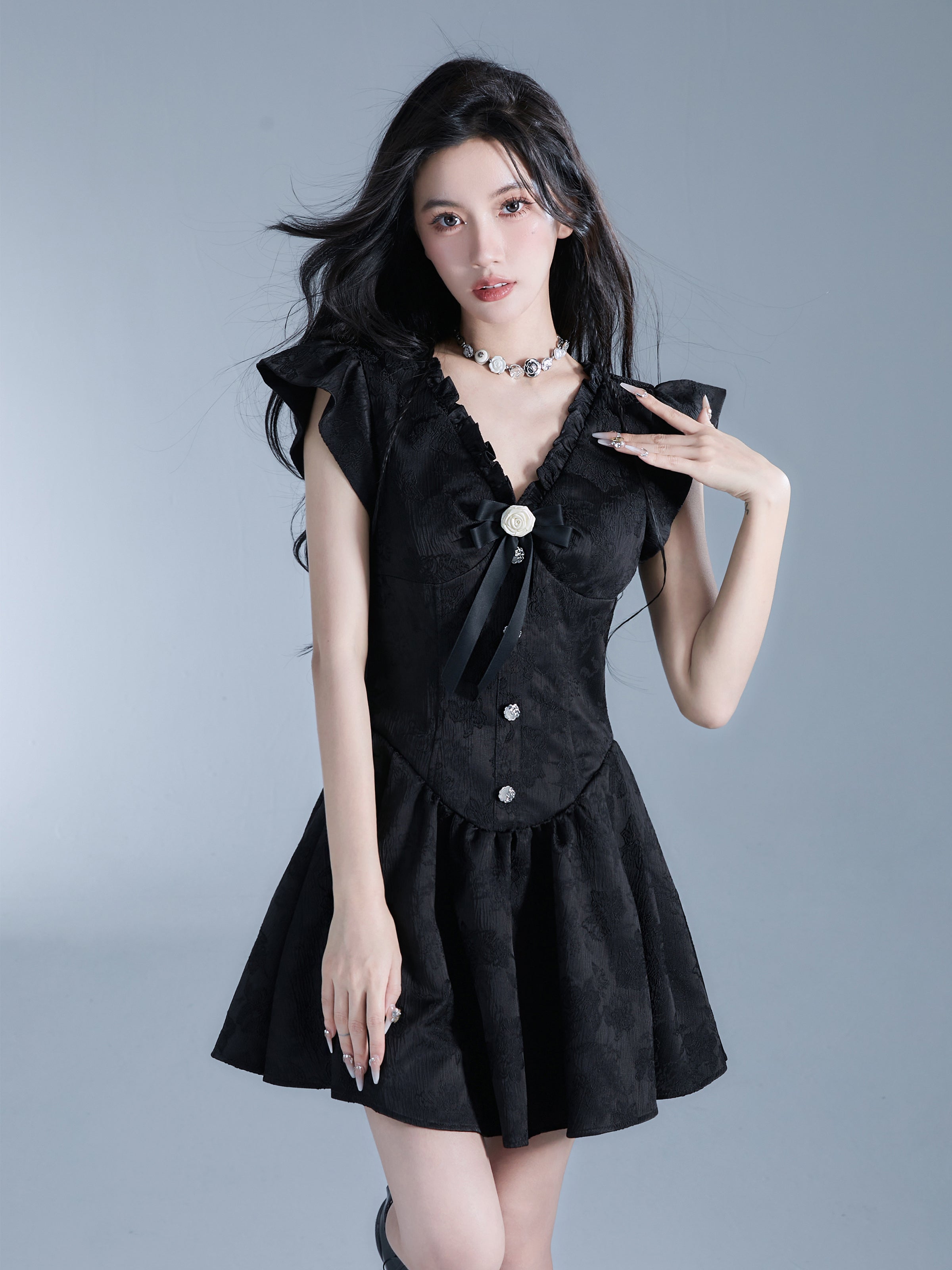 Vintage-Inspired Black Flutter Sleeve Mini Dress with Button Front