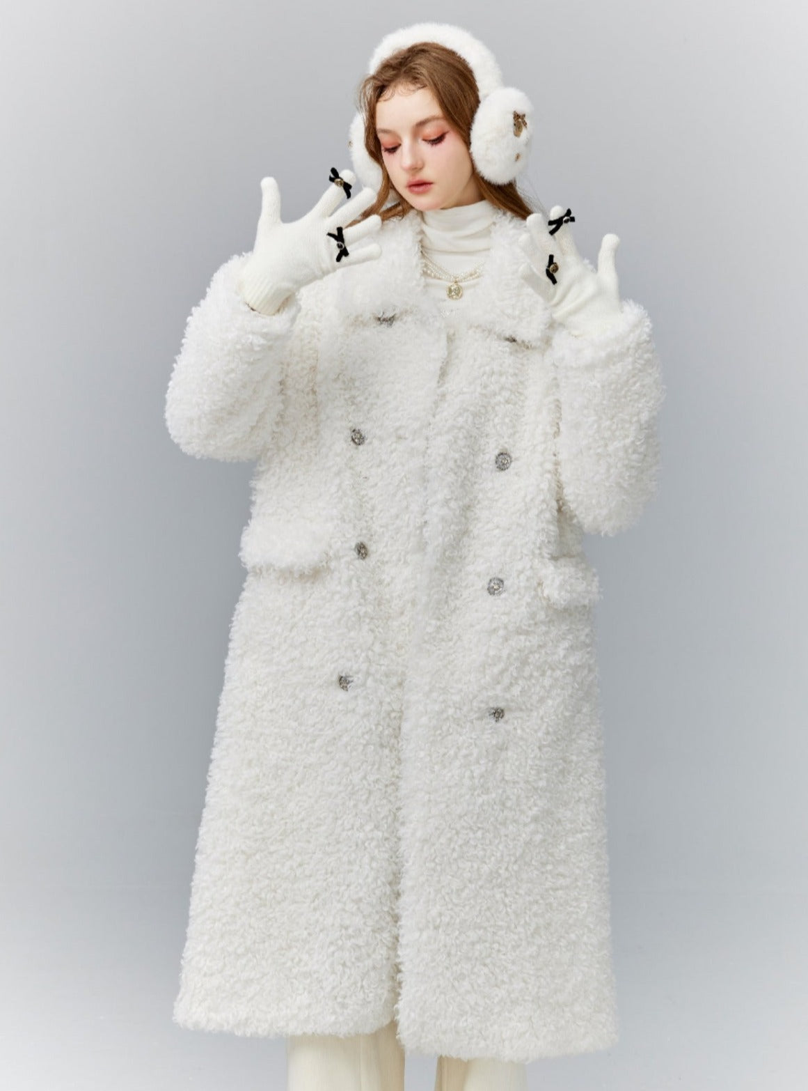 Luxurious White Teddy Bear Coat: Double-Breasted Faux Fur Longline Outerwear