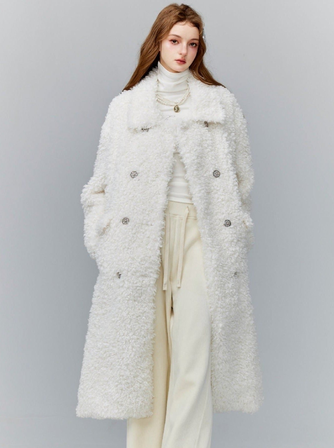 Luxurious White Teddy Bear Coat: Double-Breasted Faux Fur Longline Outerwear