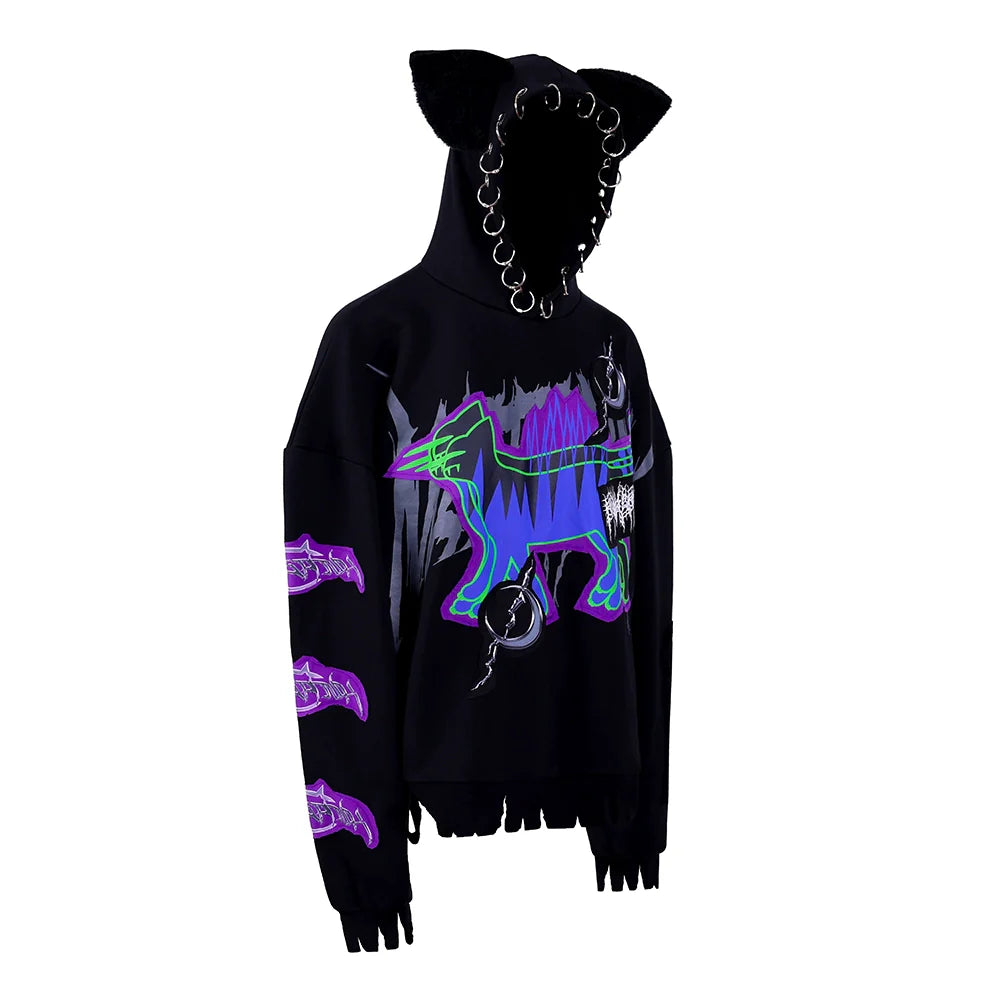 PINKSPINK Cat-Eared Neon Skeleton Hoodie - Black