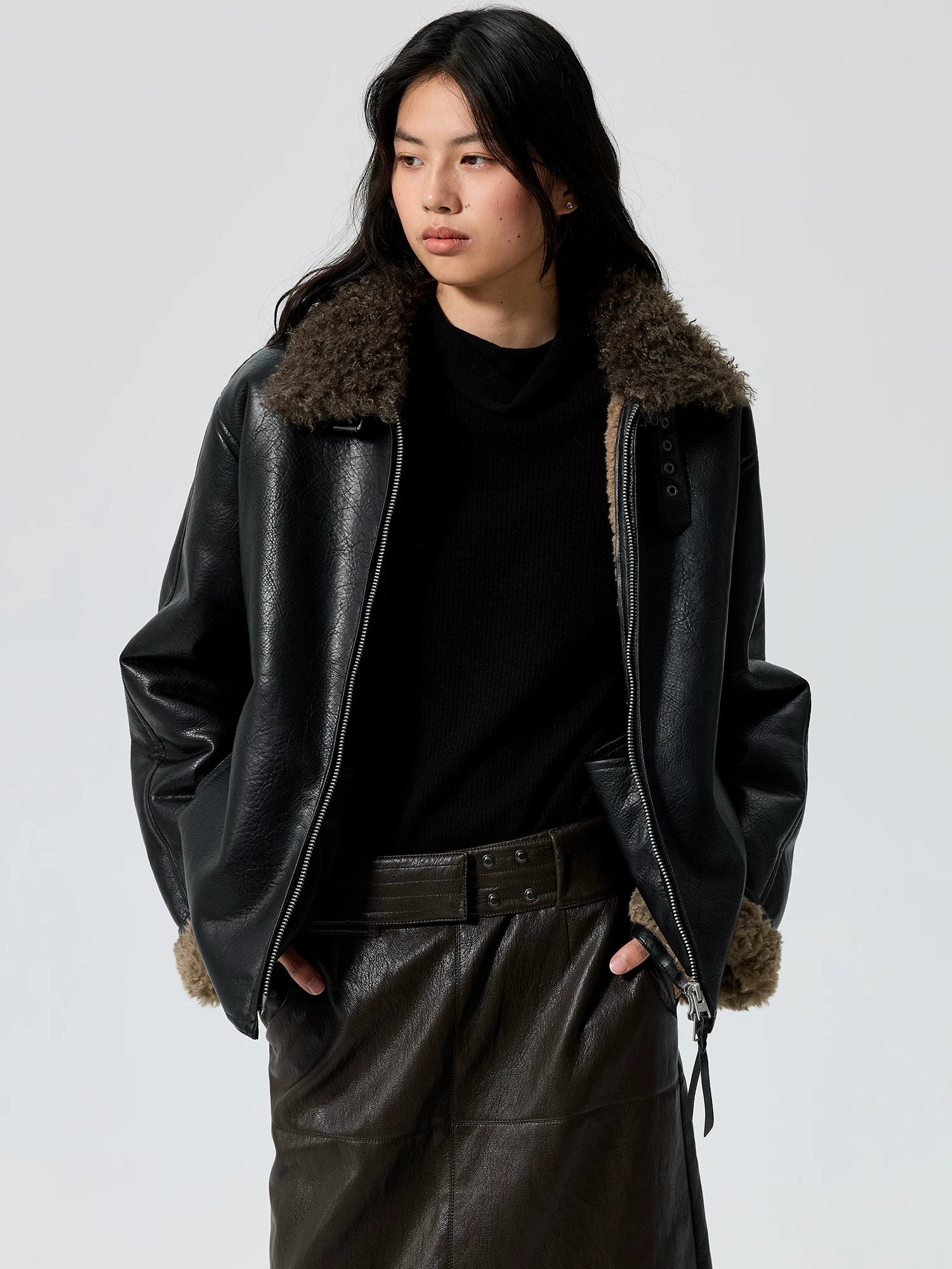 Oversized Faux Leather Jacket with Shearling Collar