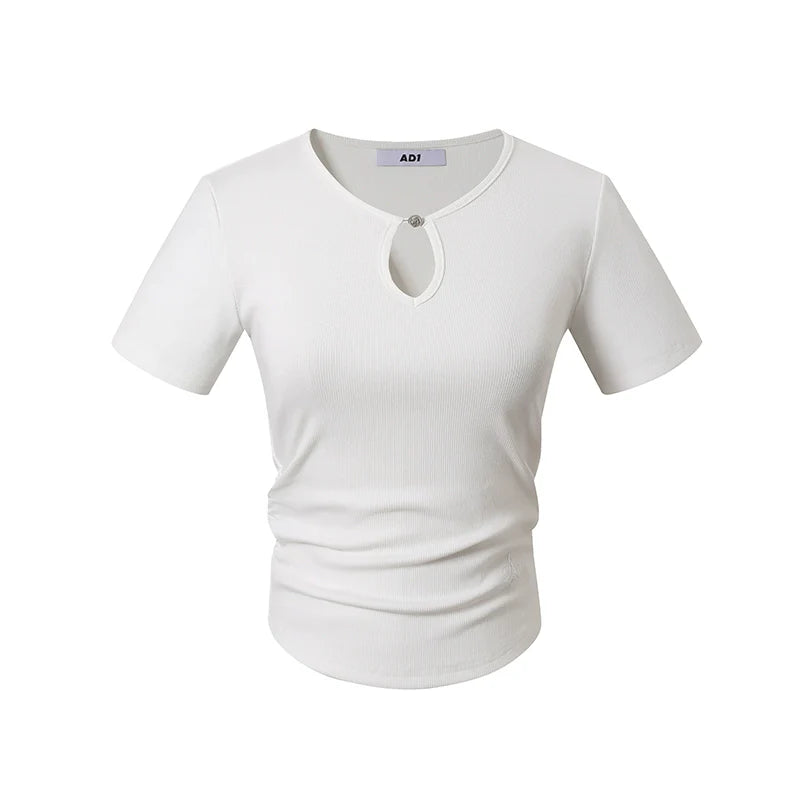 Keyhole Neckline Fitted Tee: Short Sleeve Stretch Top with Button Detail