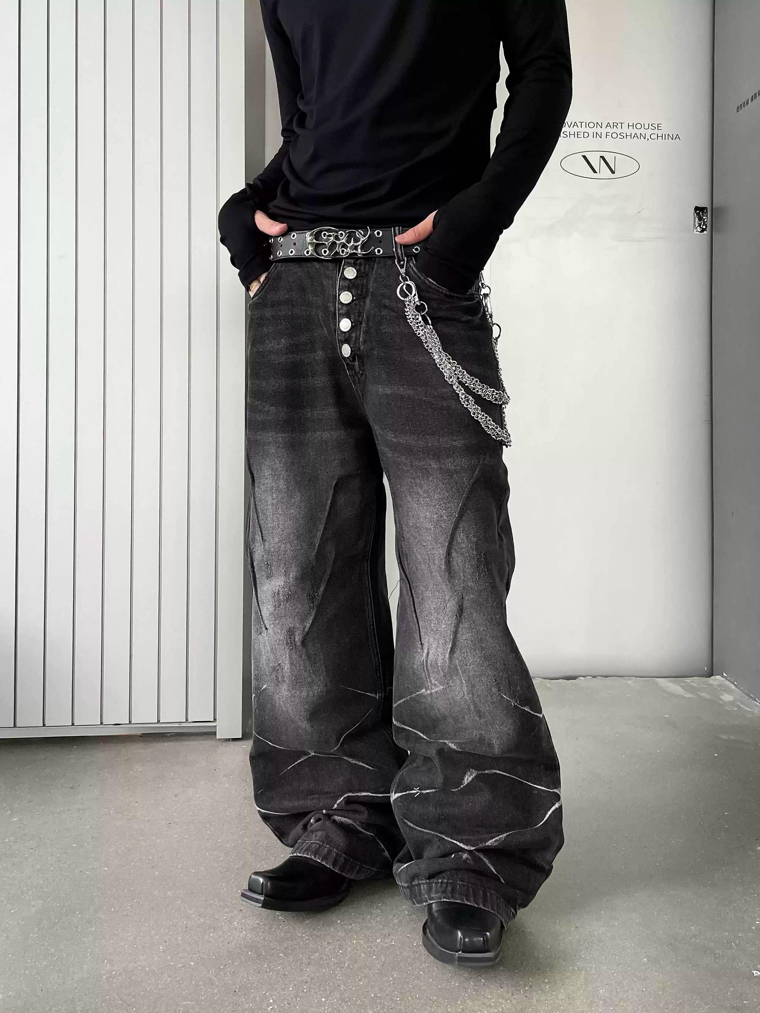 Black Marble Wash Wide-Leg Jeans