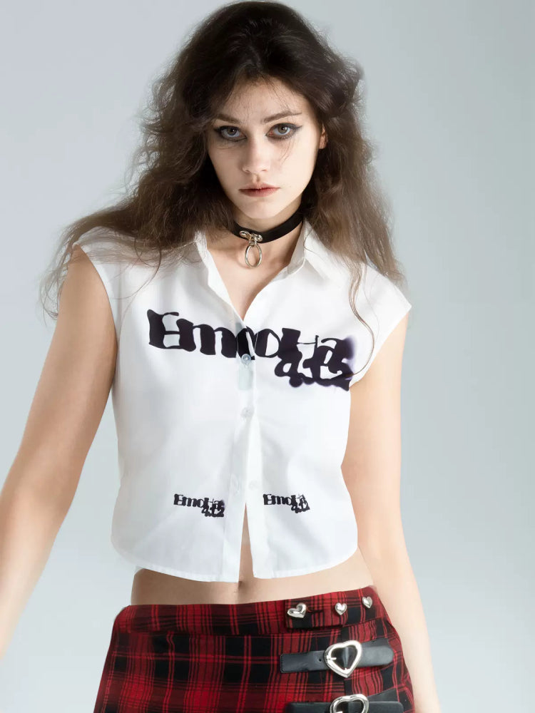 Punk-Inspired Cropped Button-Up Sleeveless Shirt