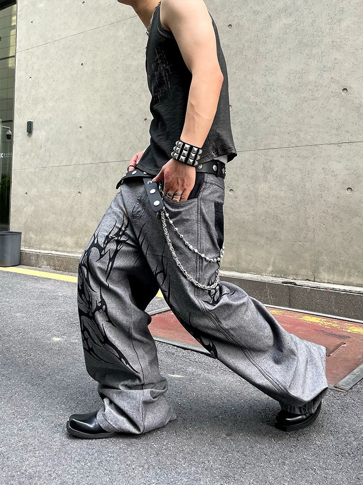 Washed Graffiti Flame Wide-Leg Jeans