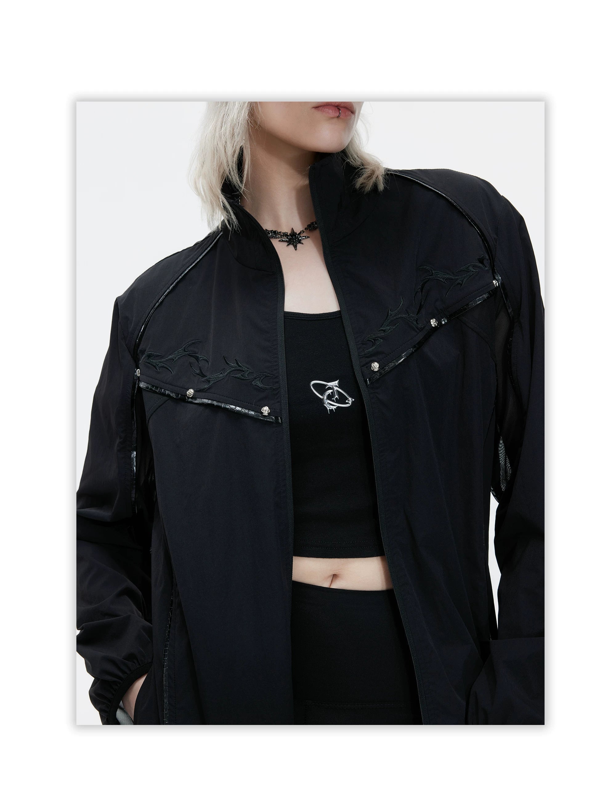 Embroidered Yoke Zip Front Windbreaker