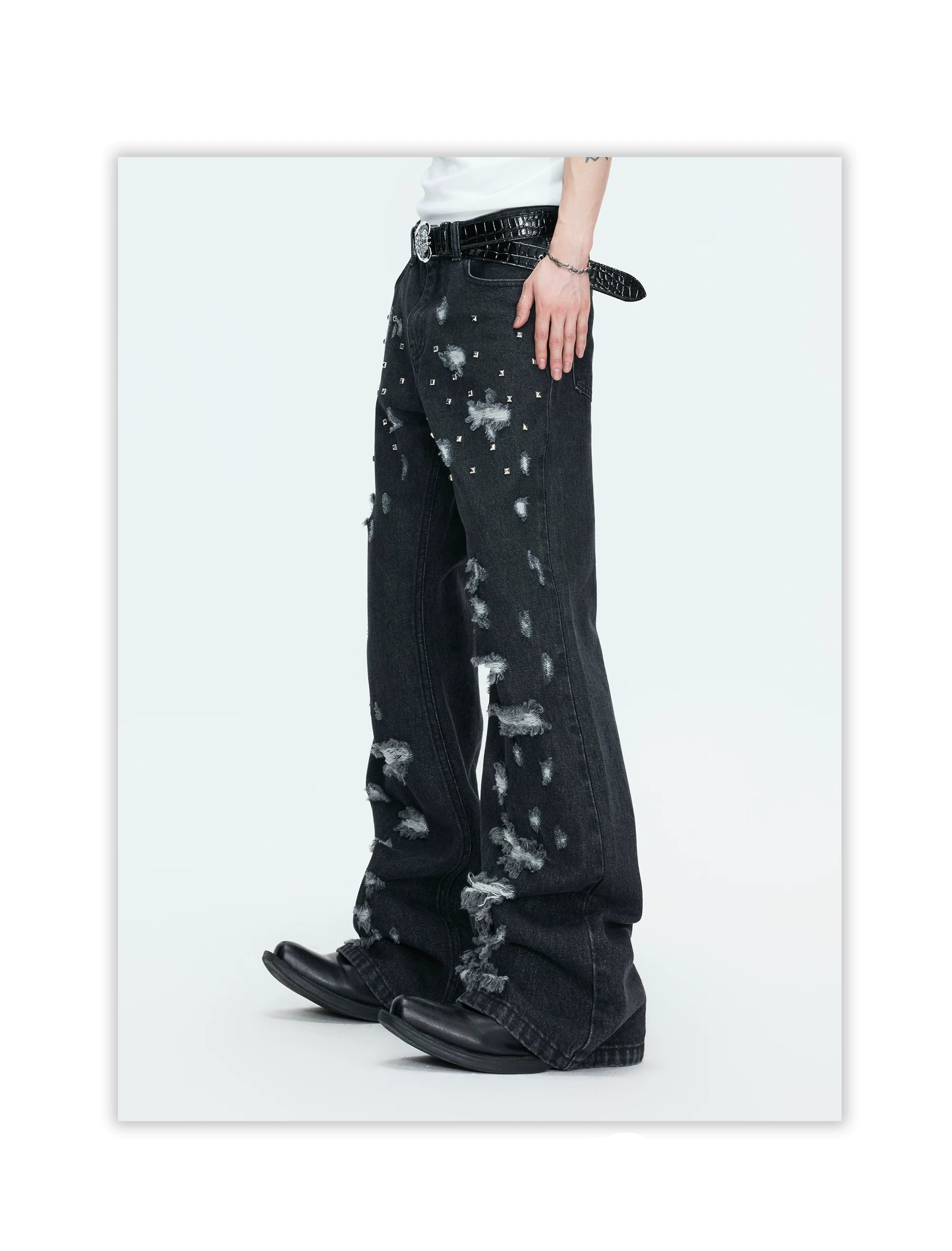 Distressed Studded Wide Leg Jeans