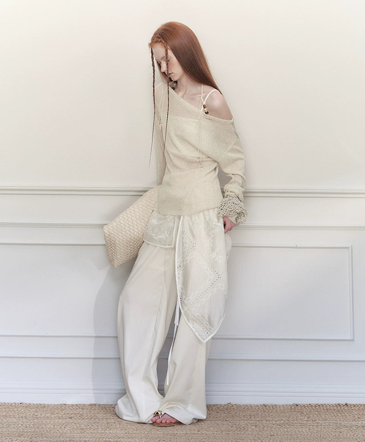 Embroidered Wrap Skirt Wide-Leg Trousers