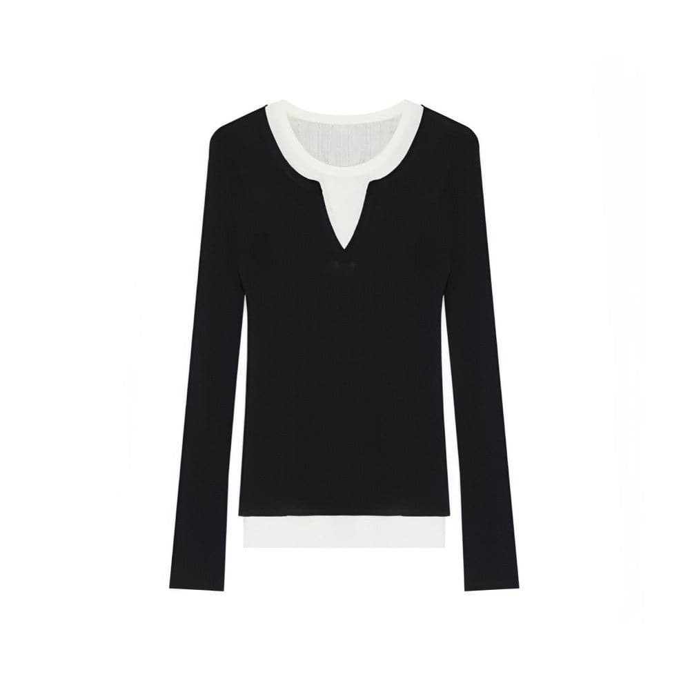 Chic Fold-Over Collar Color-Block Faux Layered Top - chiclara