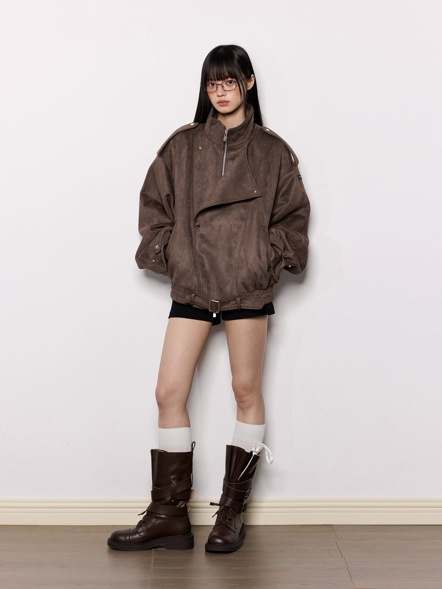 Oversized Faux Suede Brown Moto Jacket