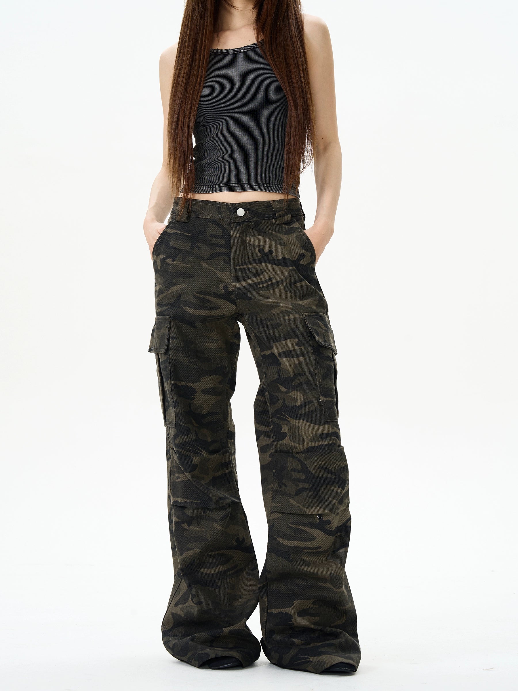 Camo Print Wide-Leg Multi-Pocket Cargo Pants