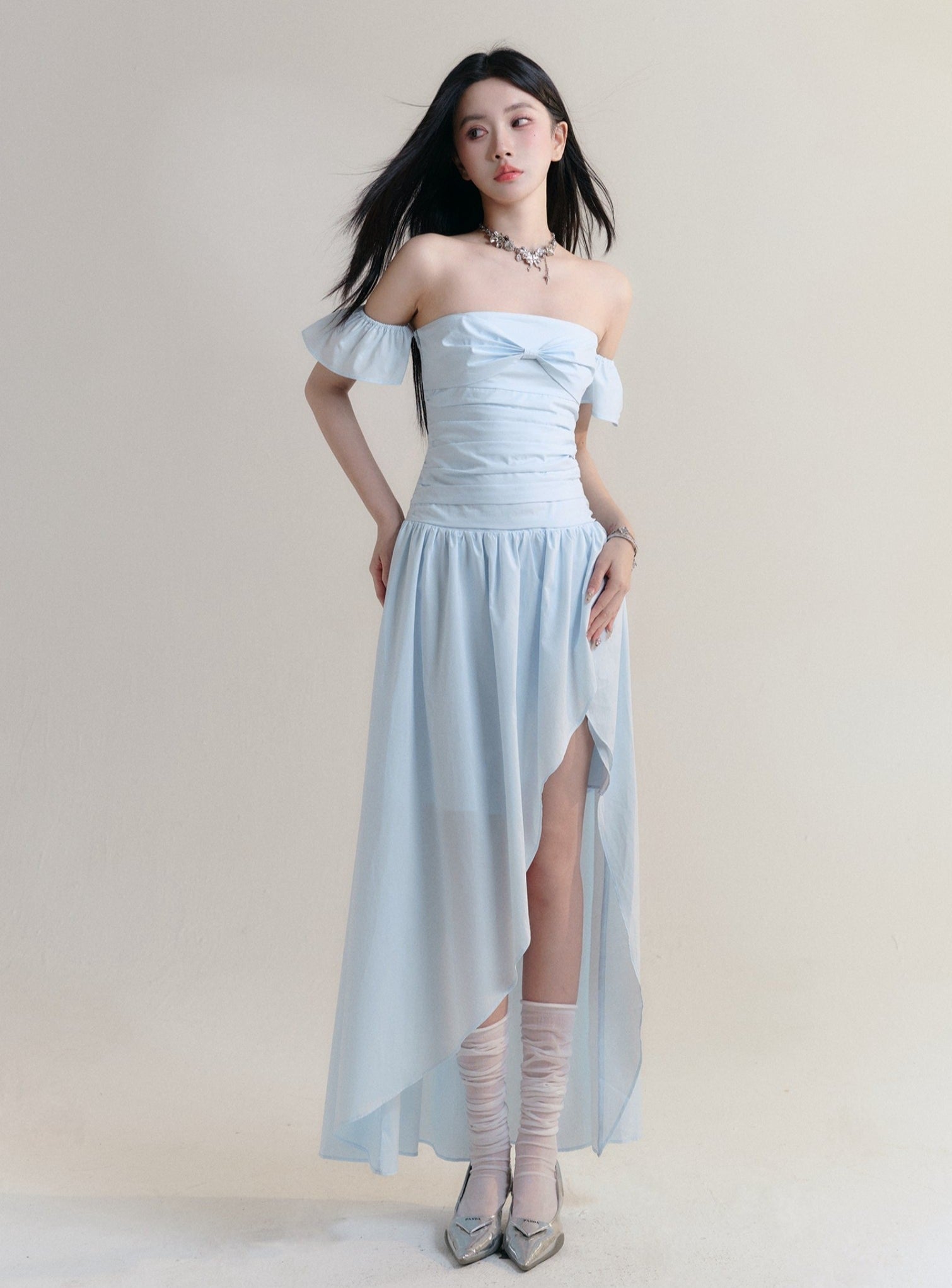 Pale Blue Off-Shoulder Ruched Maxi Dress with Asymmetrical Hem