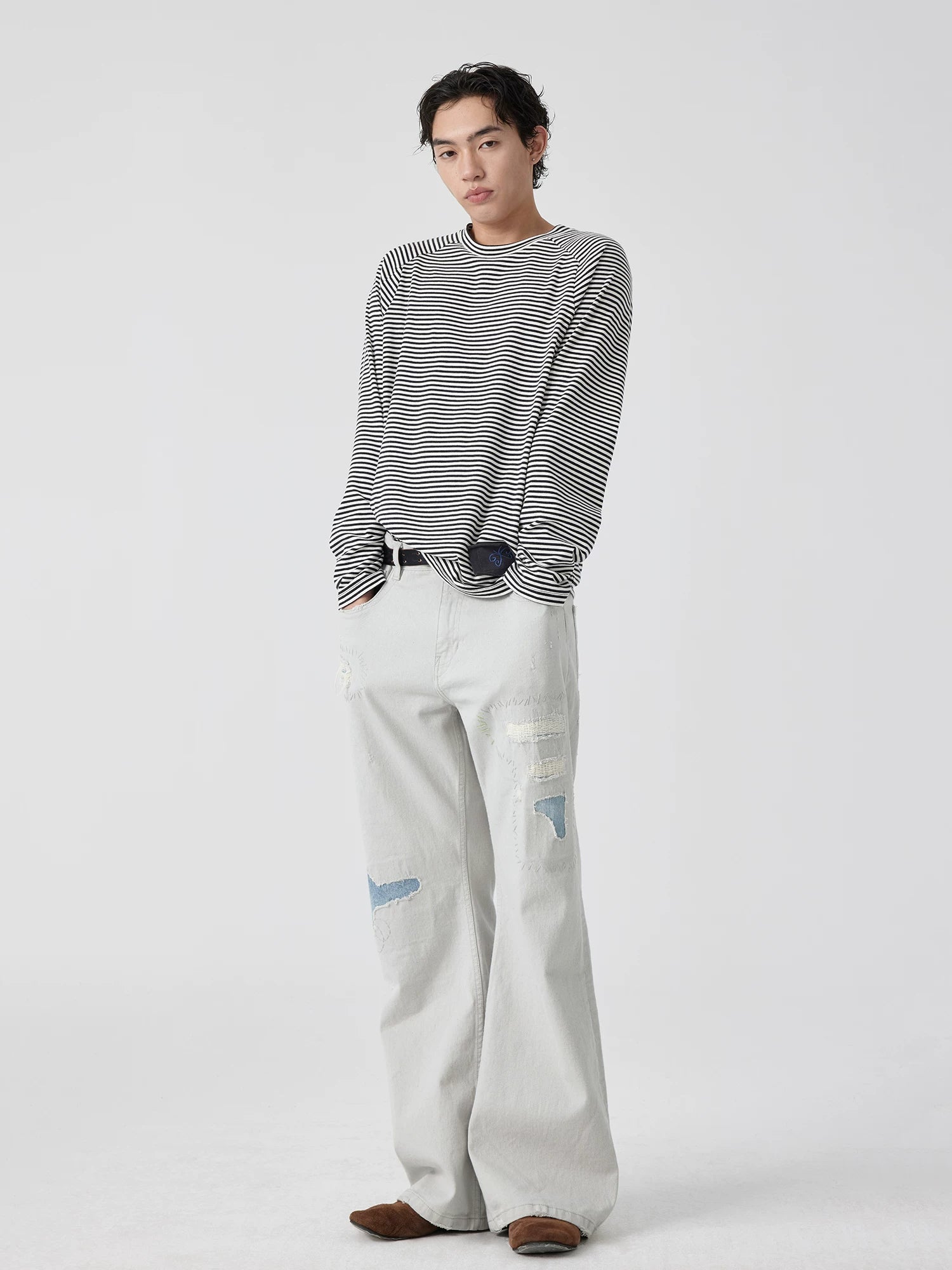 Patchwork Distressed Wide-Leg Jeans