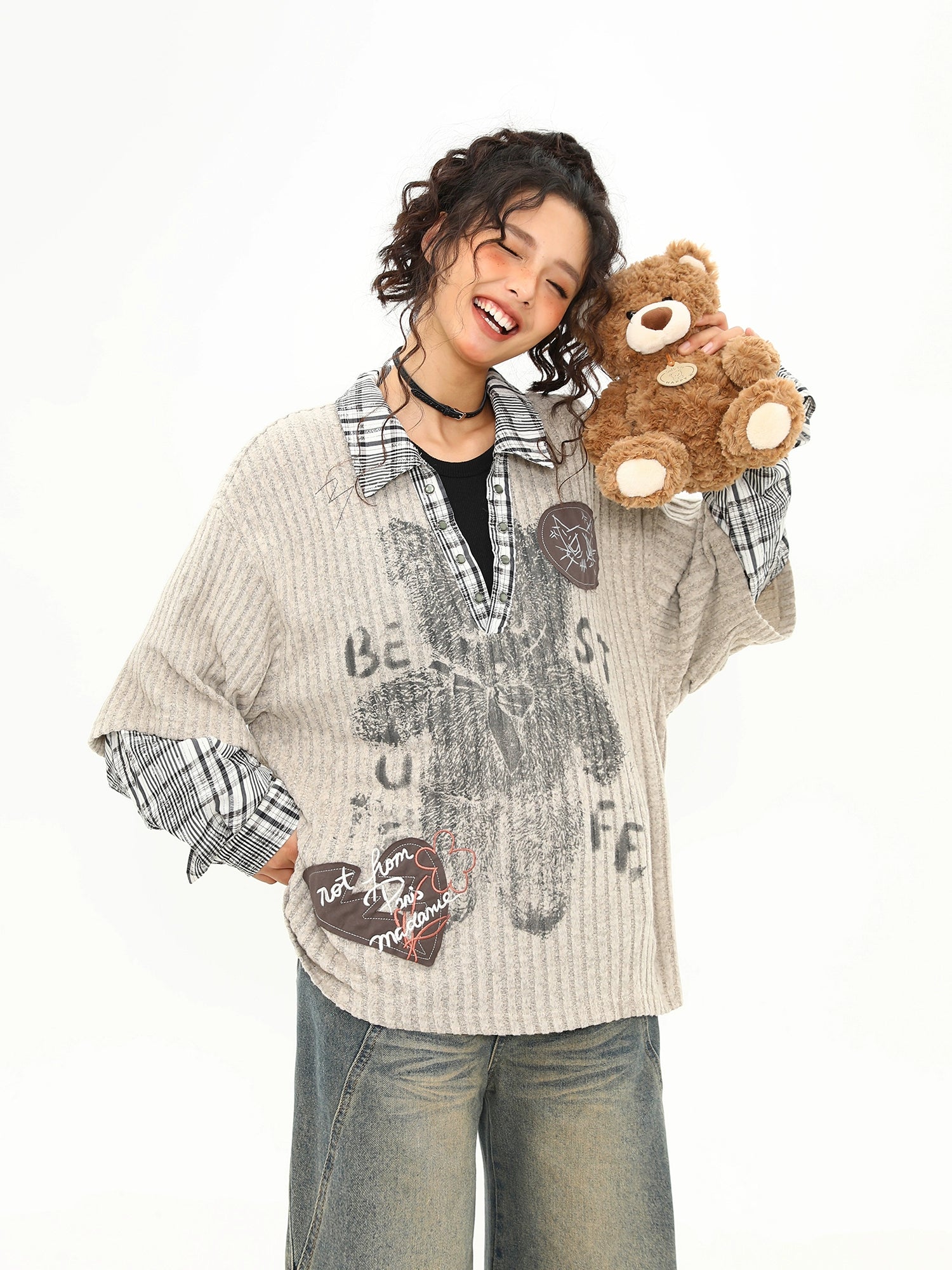 Teddy Graffiti Layered Knit Top