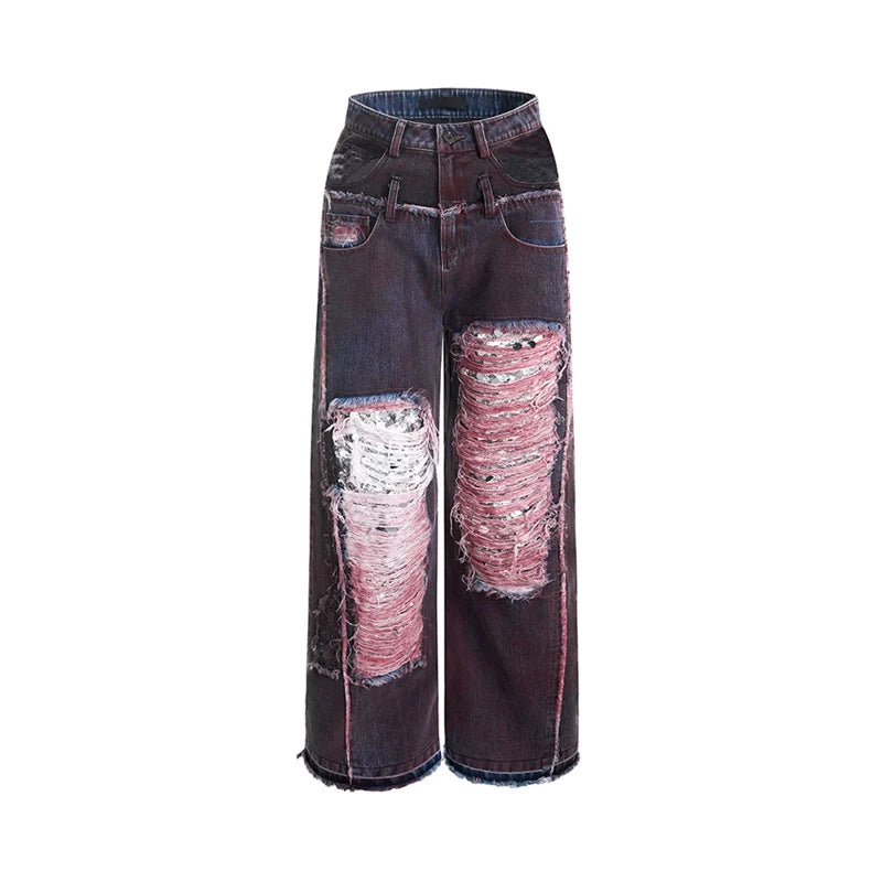Distressed Padded Denim Jacket and Wide-Leg Pants Setup