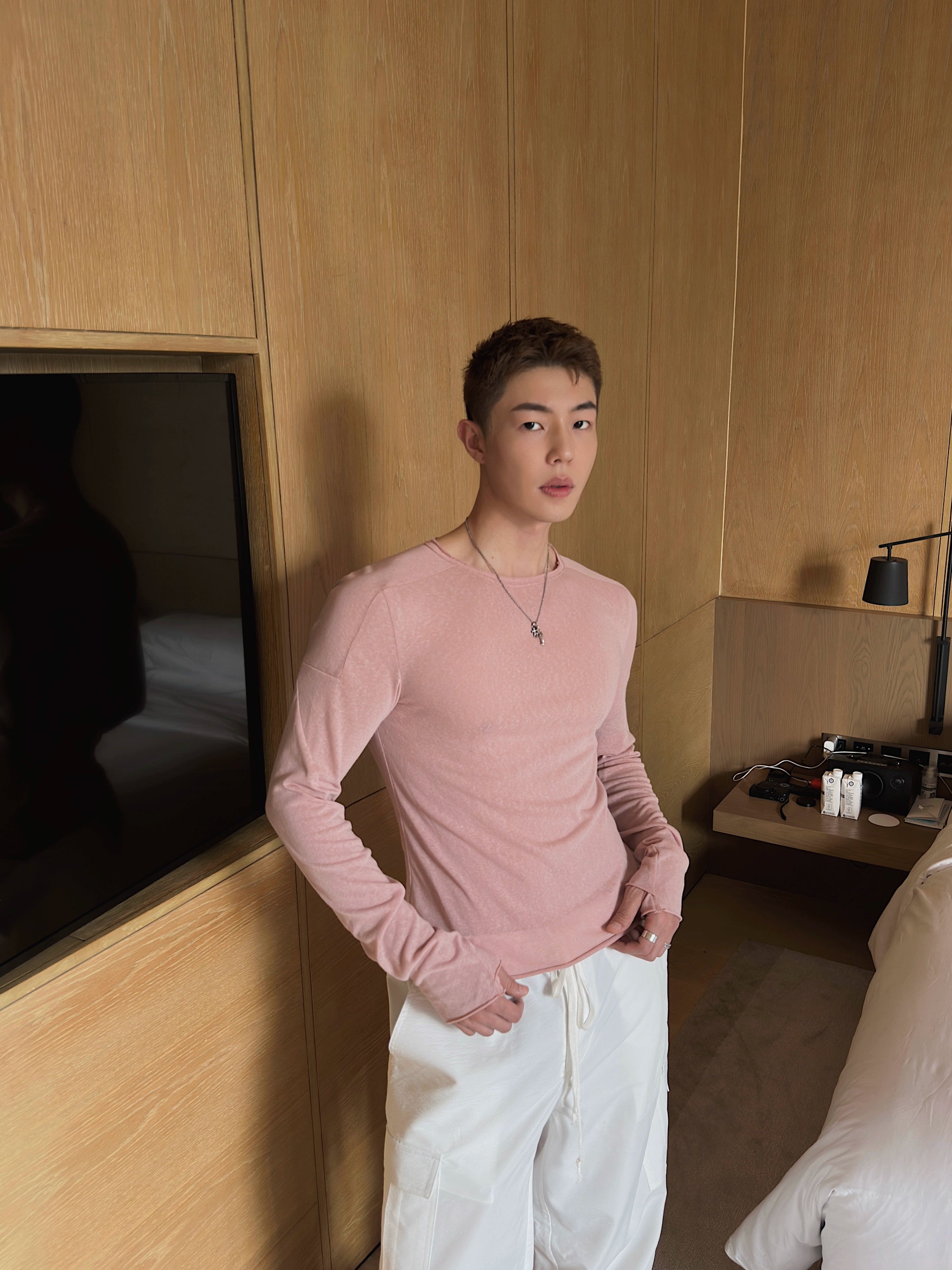 Pink Long Sleeve Cotton Crewneck Shirt