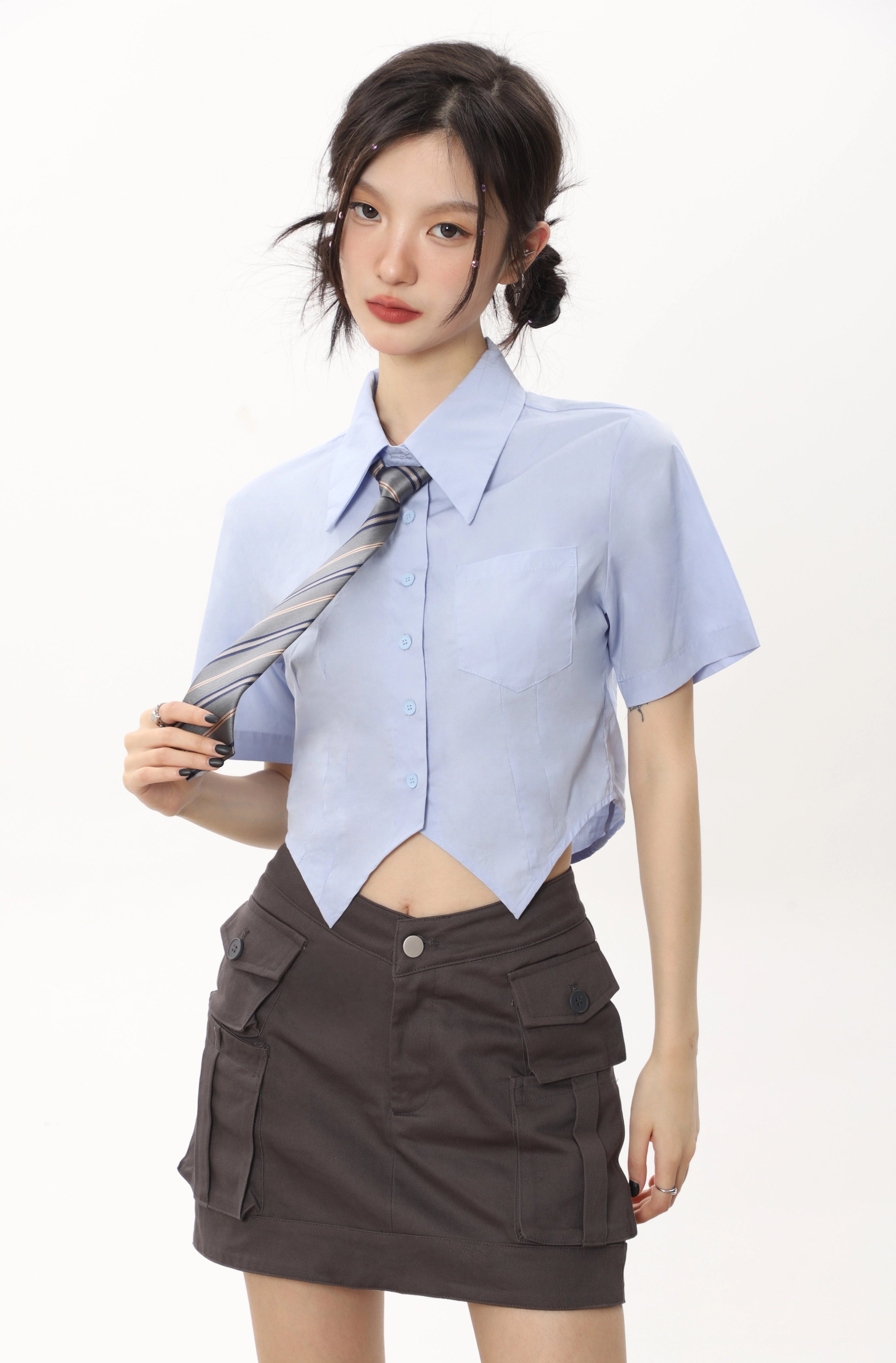 White Short-Sleeve Shirt with Tie JK Style