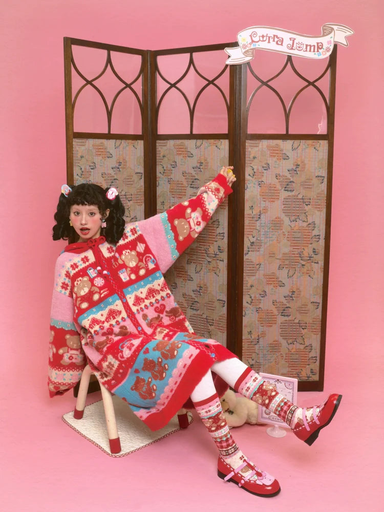 Sweet Bear Fair Isle Hooded Long Cardigan