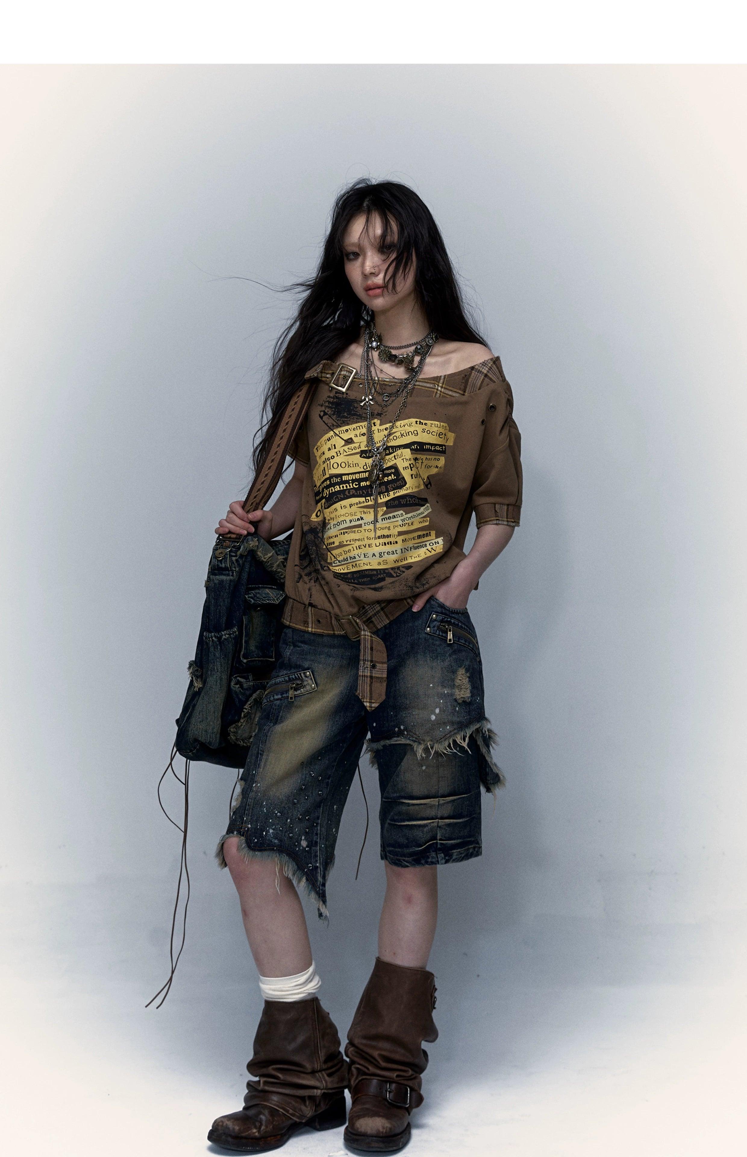 No Romance Asymmetrical Distressed Denim Shorts Unisex Grunge Ripped