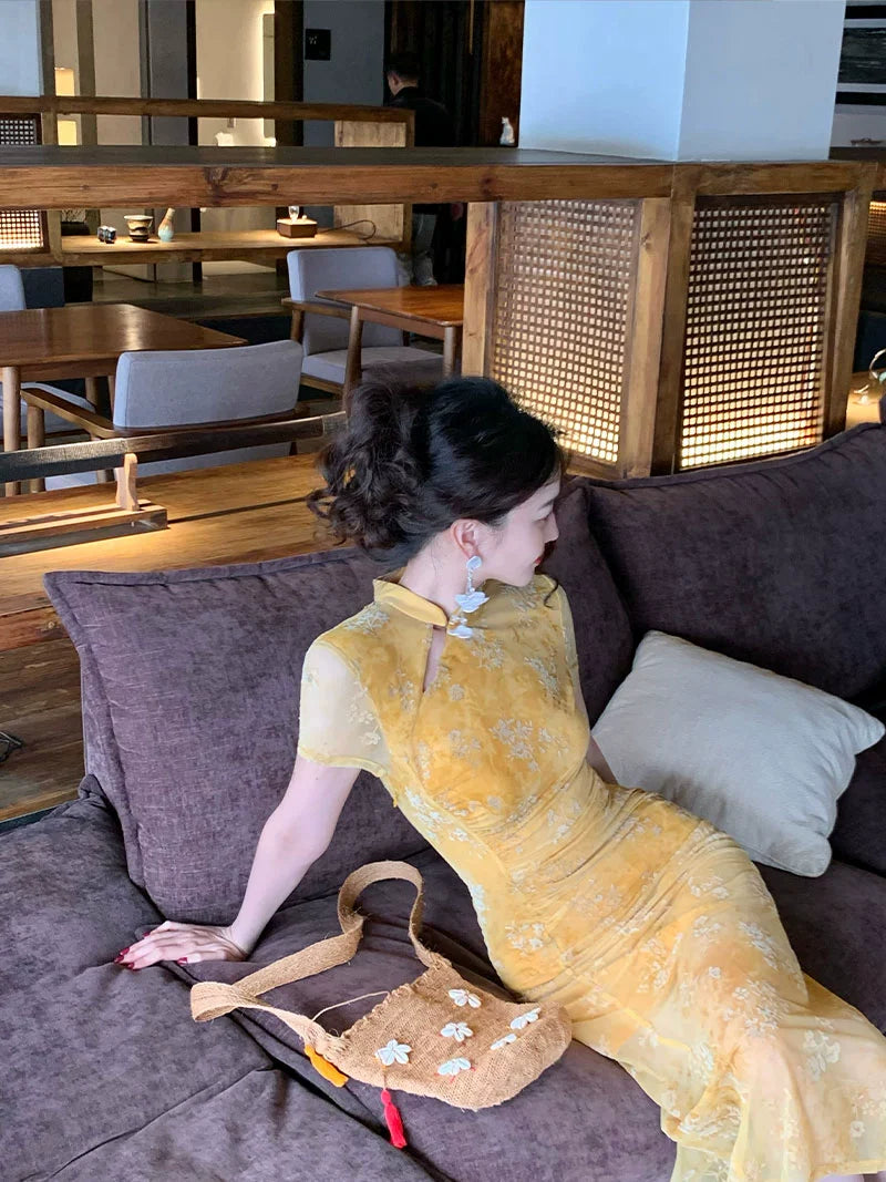 Sheer Floral Cheongsam-Inspired Maxi Dress