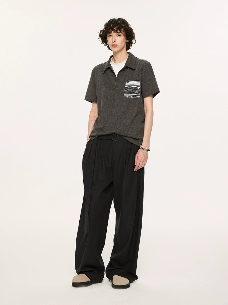 Charcoal Polo Shirt with Patterned Chest Pocket