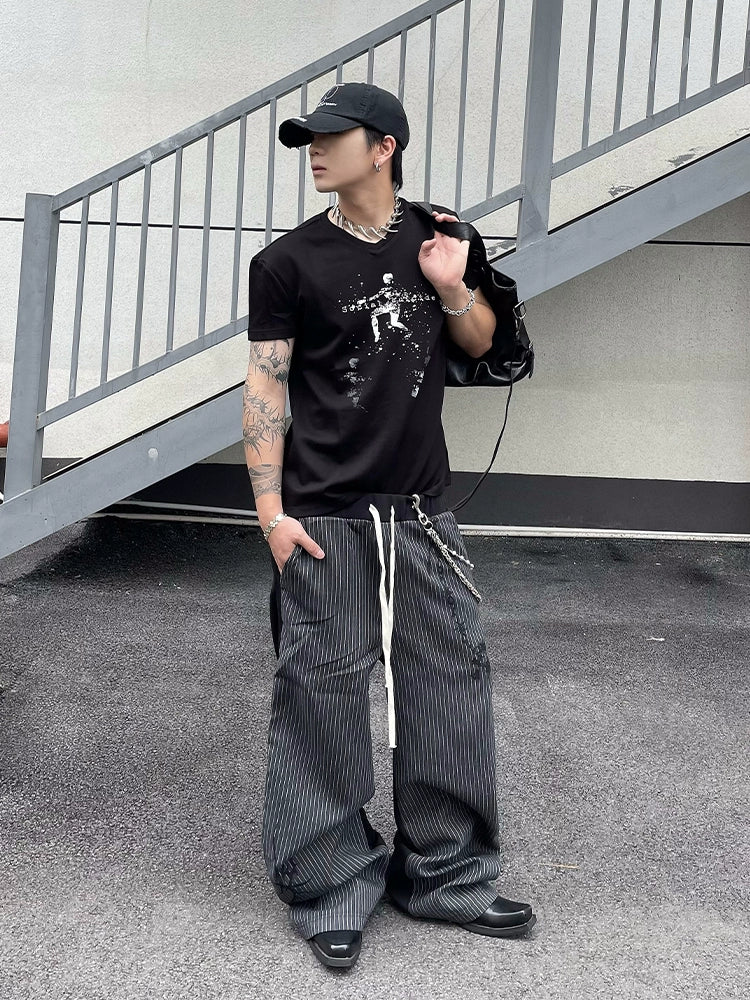 Pinstripe Wide-Leg Drawstring Pants