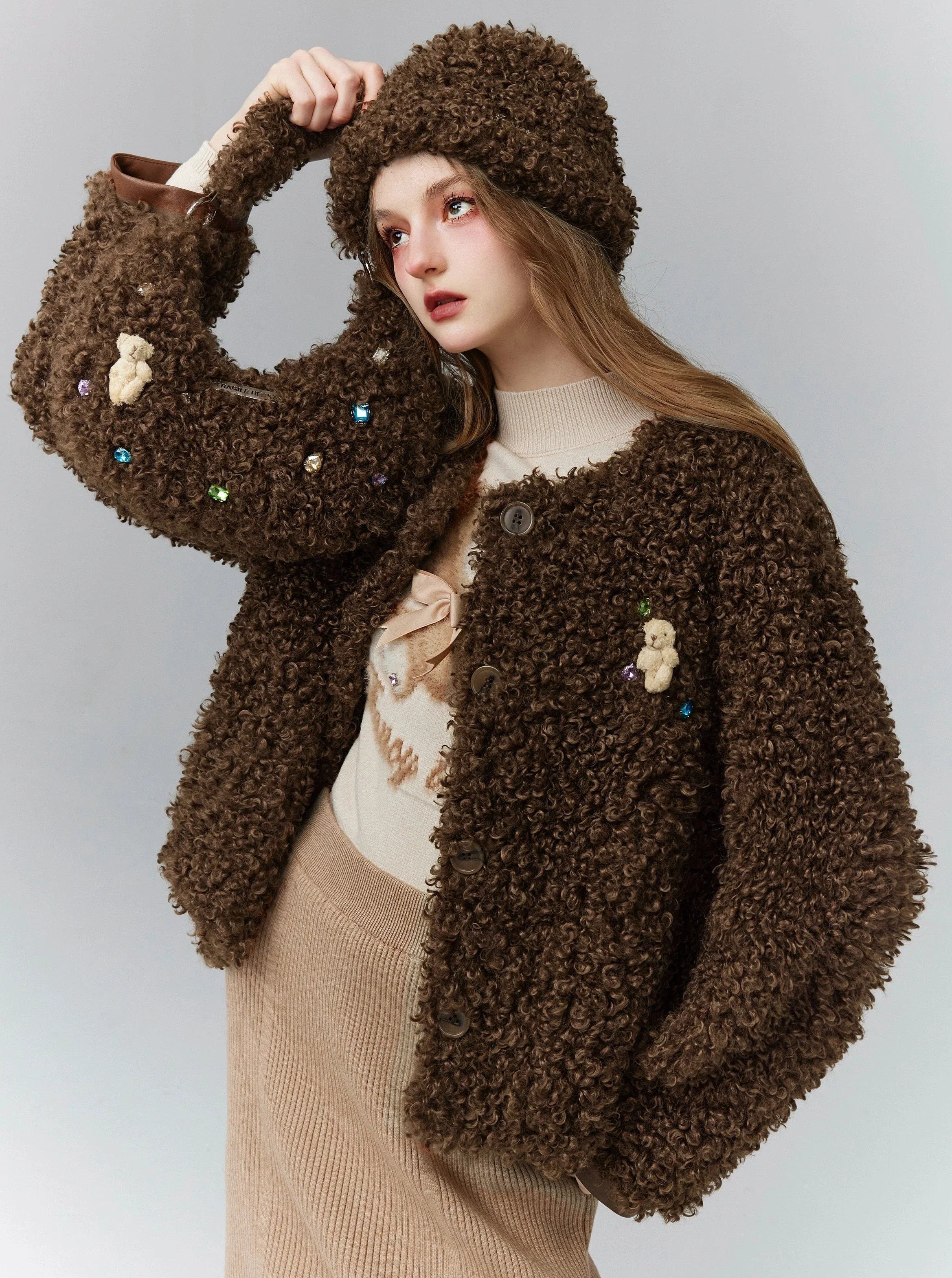 Cozy Teddy Bear Cardigan: Plush Textured Cropped Jacket with Charming Embroidered Details