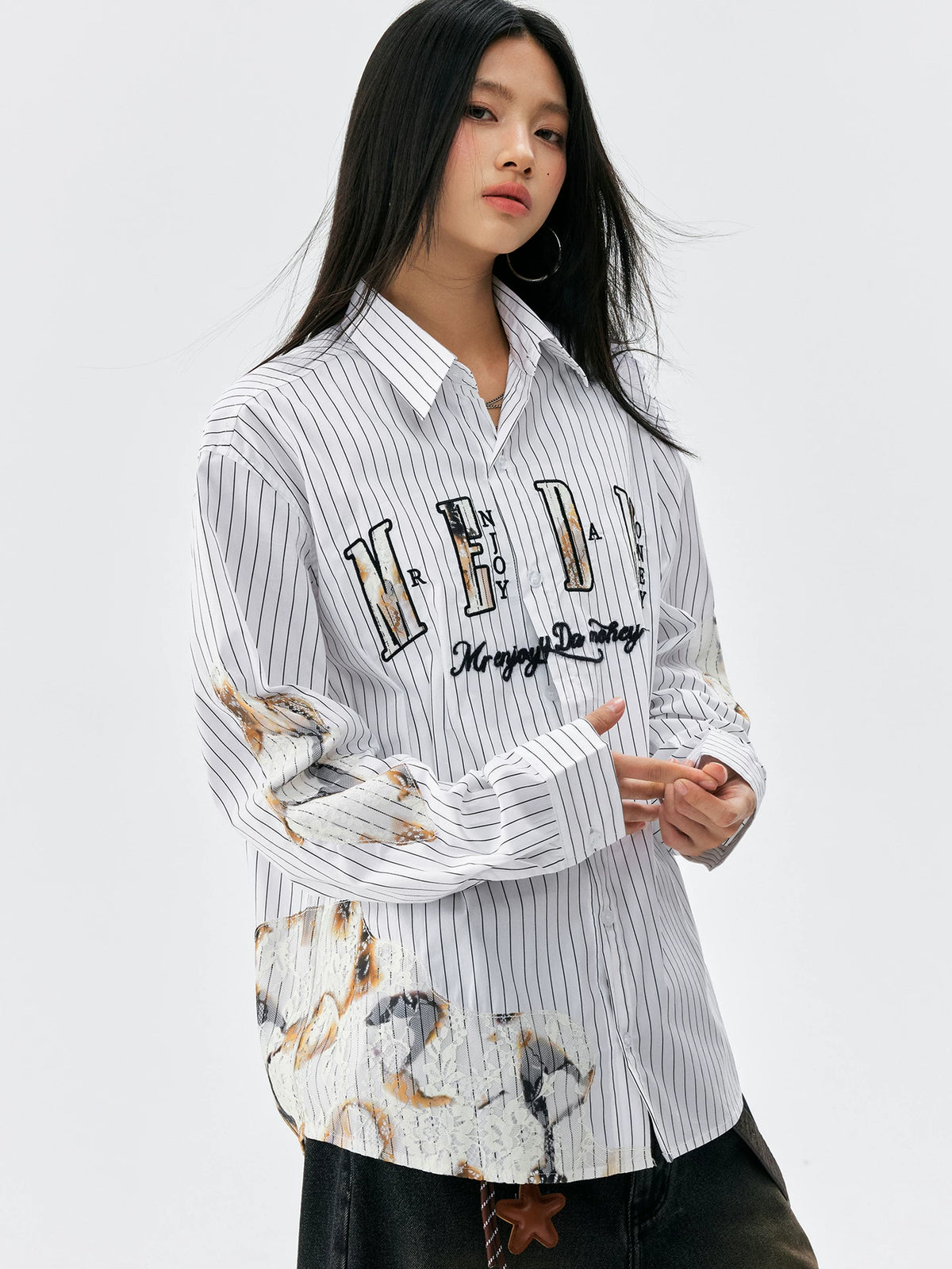 Lace Patchwork Pinstripe Shirt