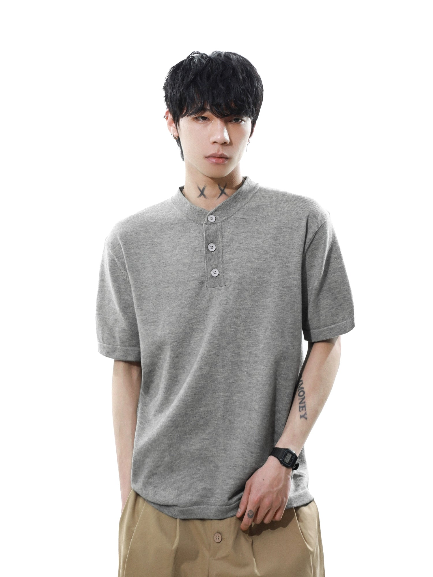 Heather Button Henley Knit Tee