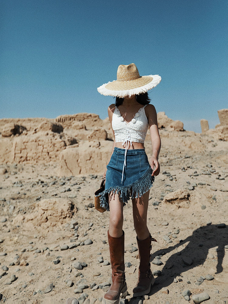 White Lace-Up Crochet Crop Top