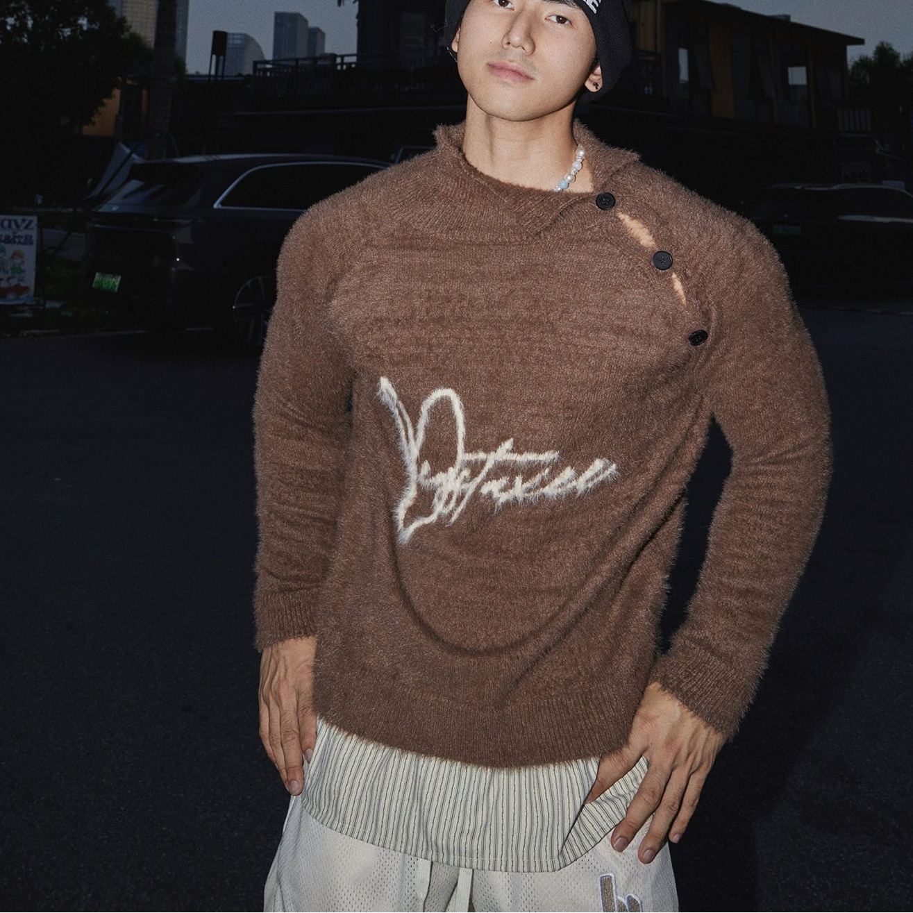 Frosted Script Asymmetrical Button Sweater