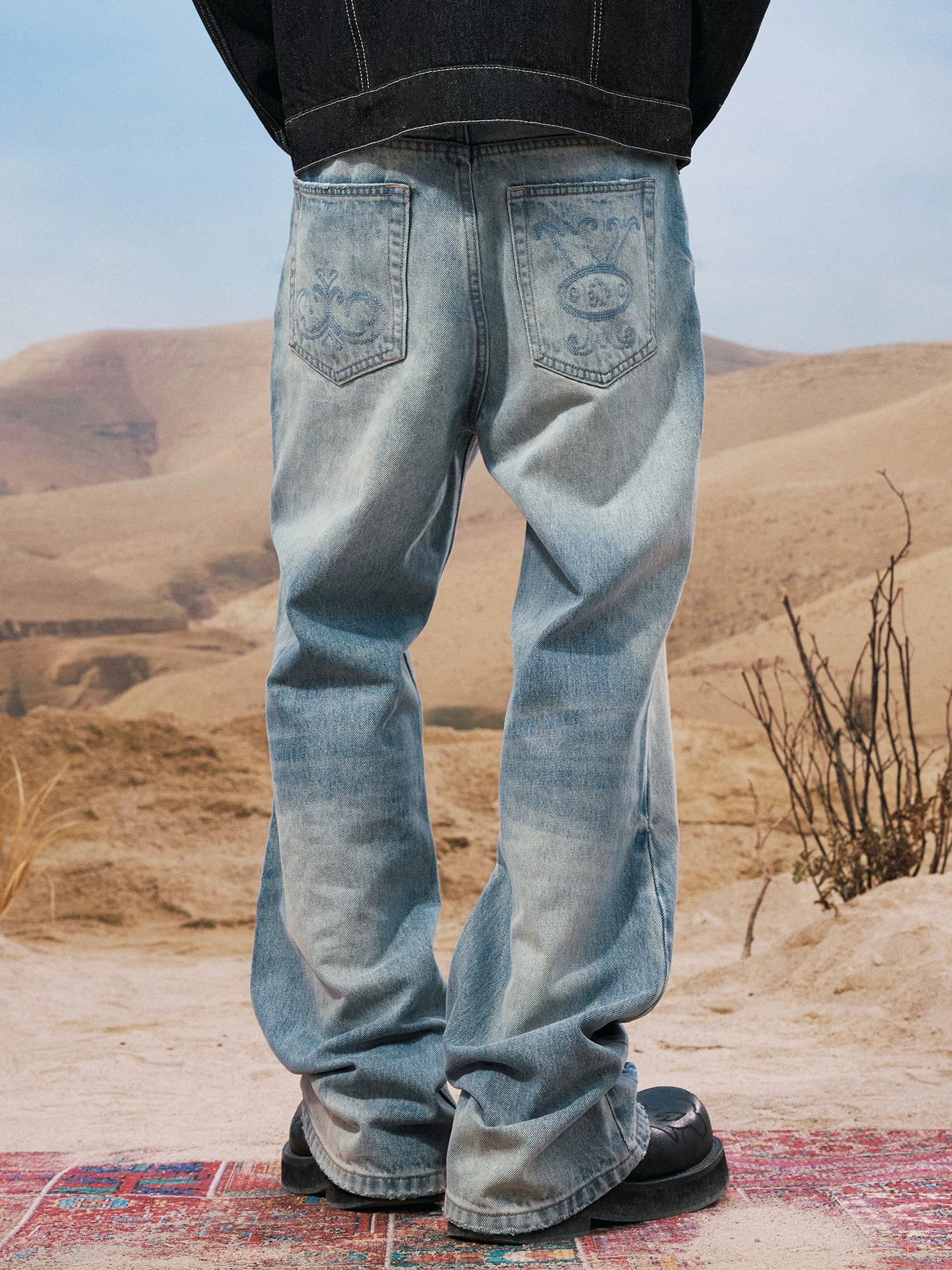 Embroidered Buckle Detail Wide Leg Jeans