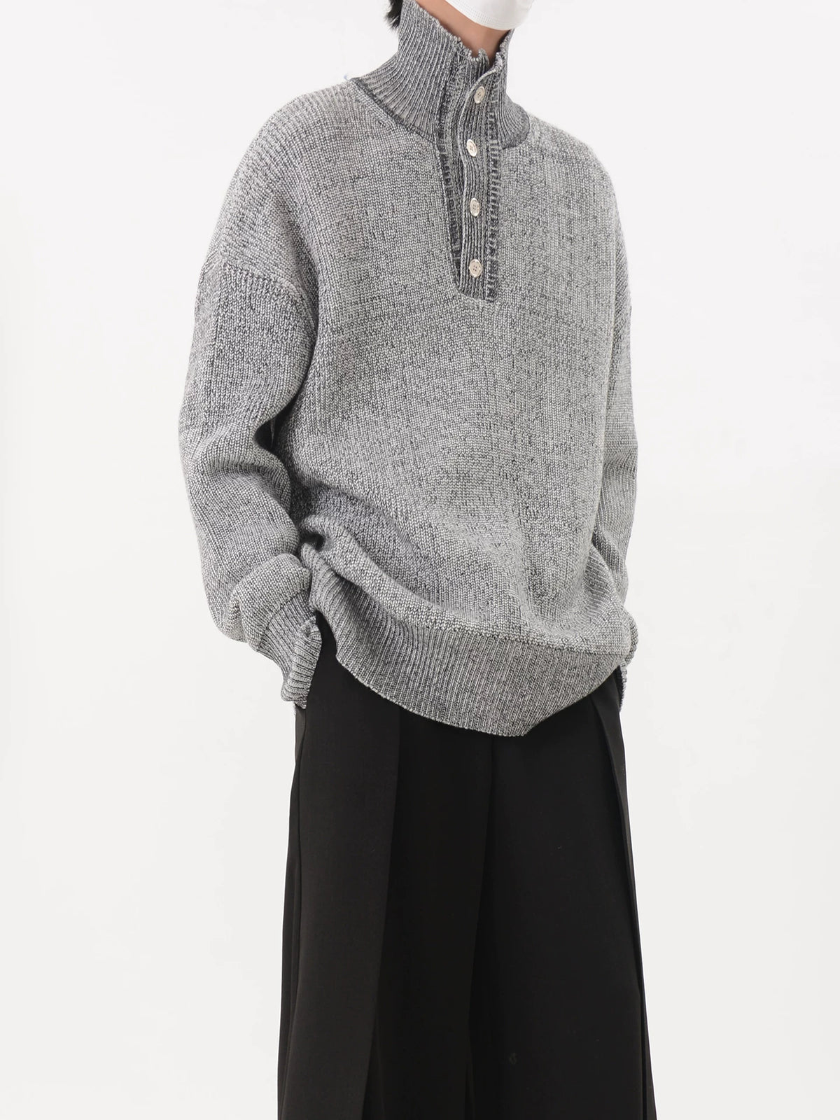 Grey Marled Button-Neck Oversized Knit Sweater