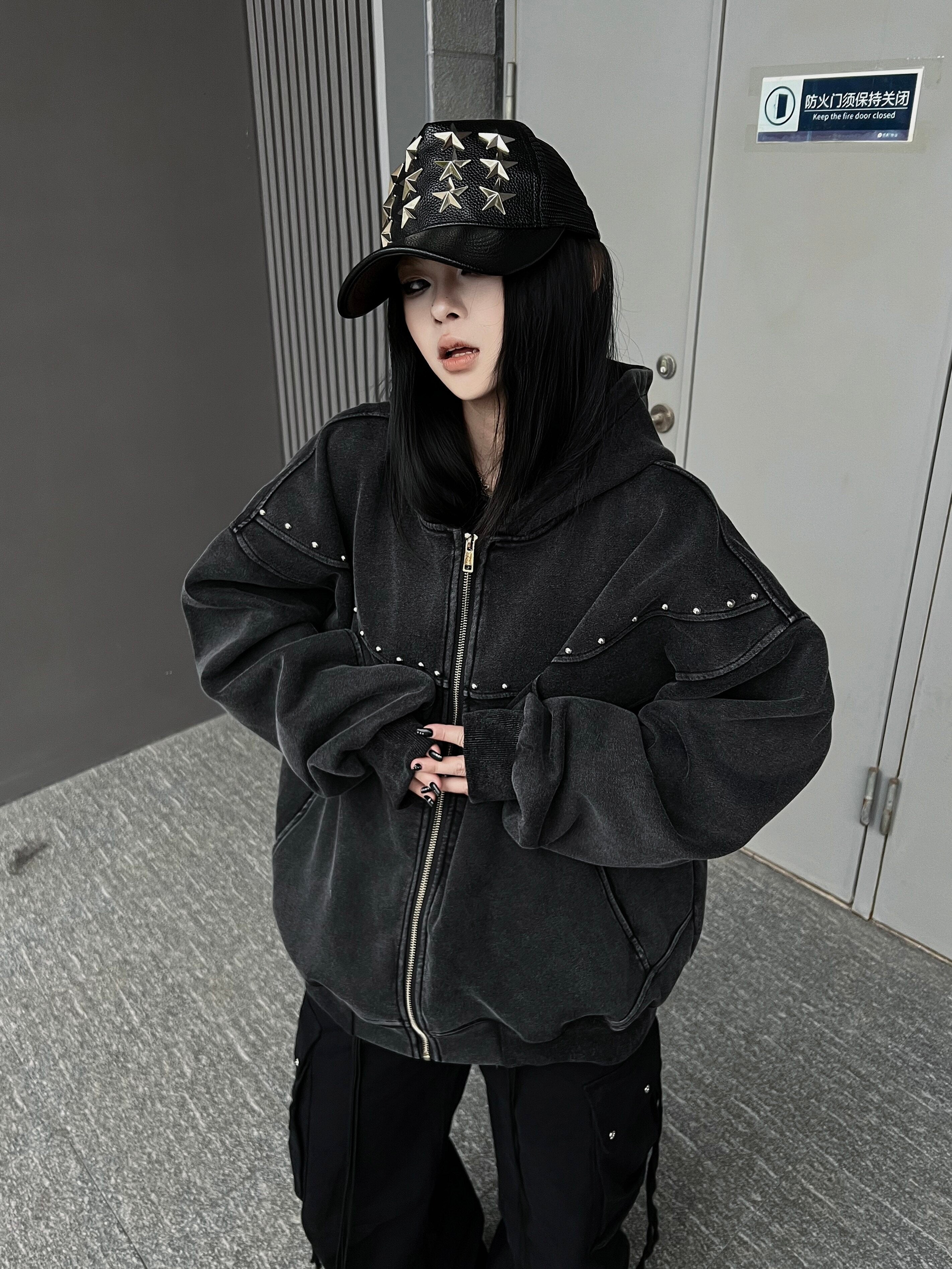 Men's Studded Oversized Zip-Up Hoodie