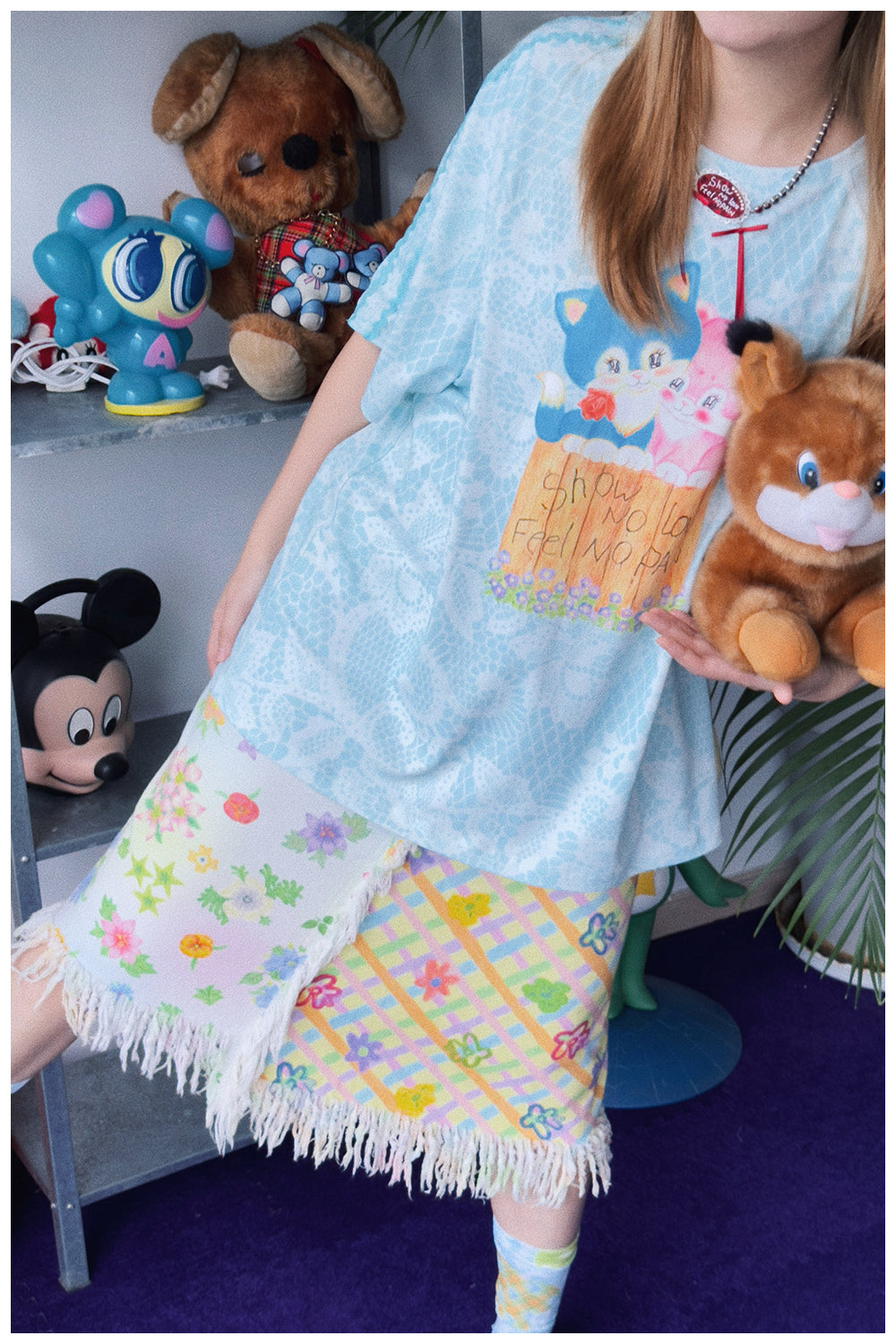 Kitty Print Ruffle Cold Shoulder and T-Shirt