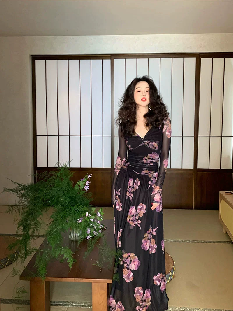 Mesh Floral Maxi Dress with Sheer Sleeves