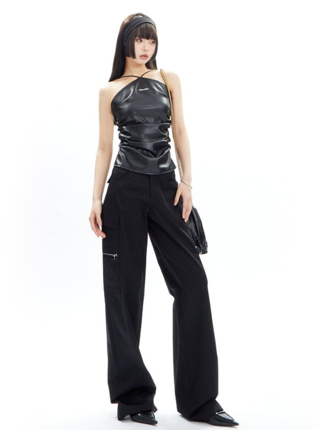 Wide-Leg Cargo Pants with Collar Waistband