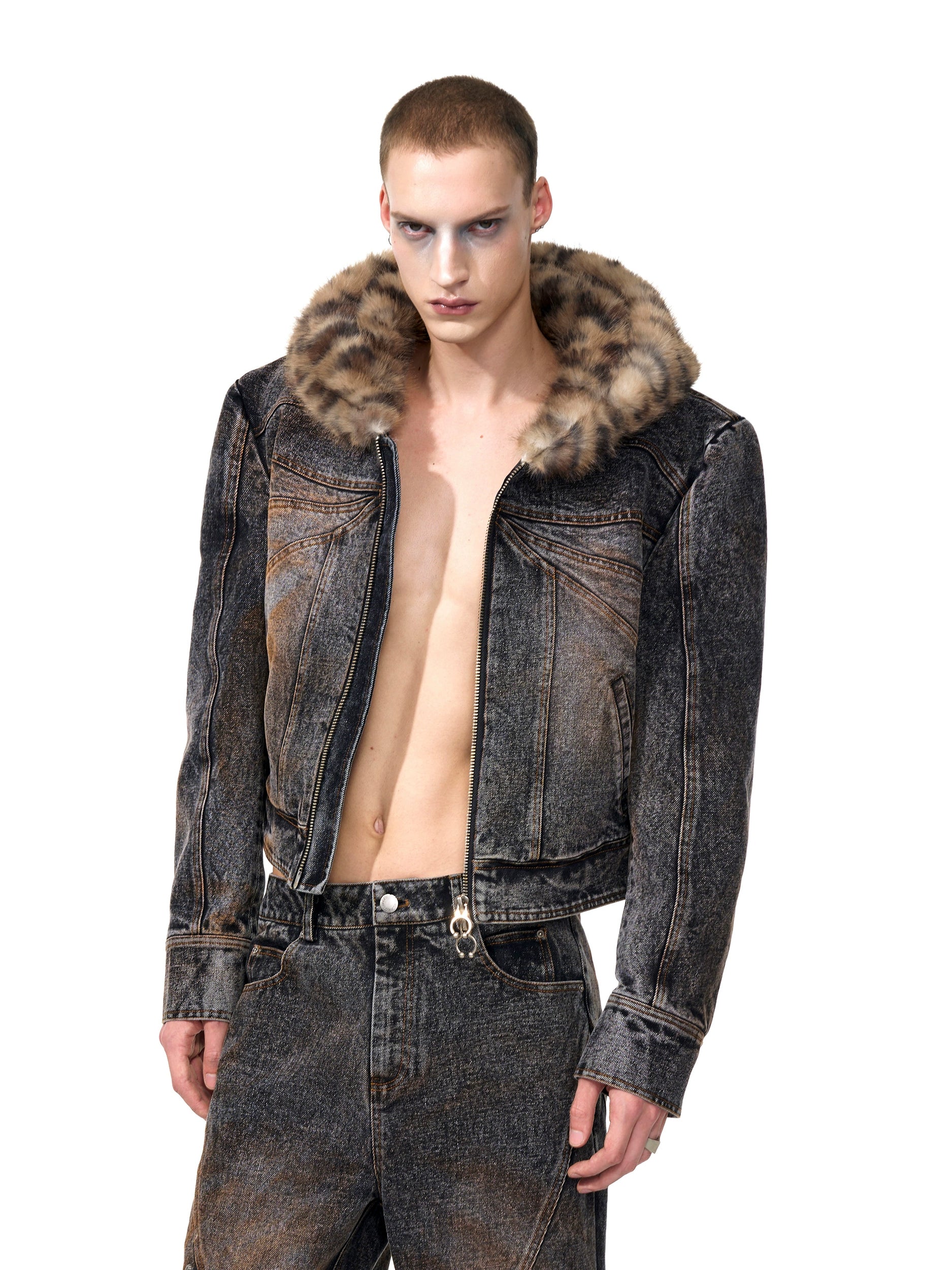 Faded Denim Jacket with Leopard Faux Fur Hood and Pants Setup