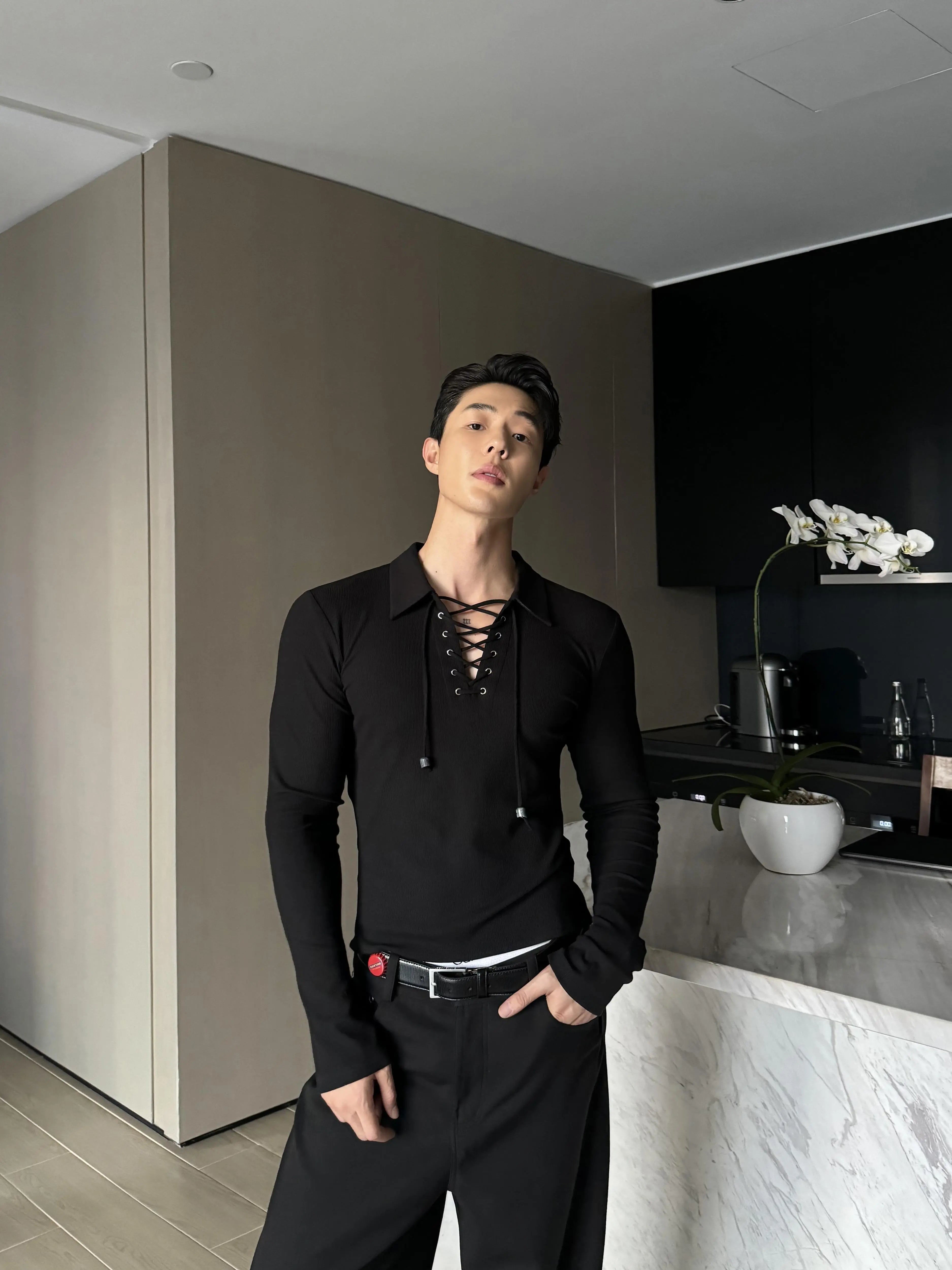 Black Lace-Up Henley Long Sleeve Shirt