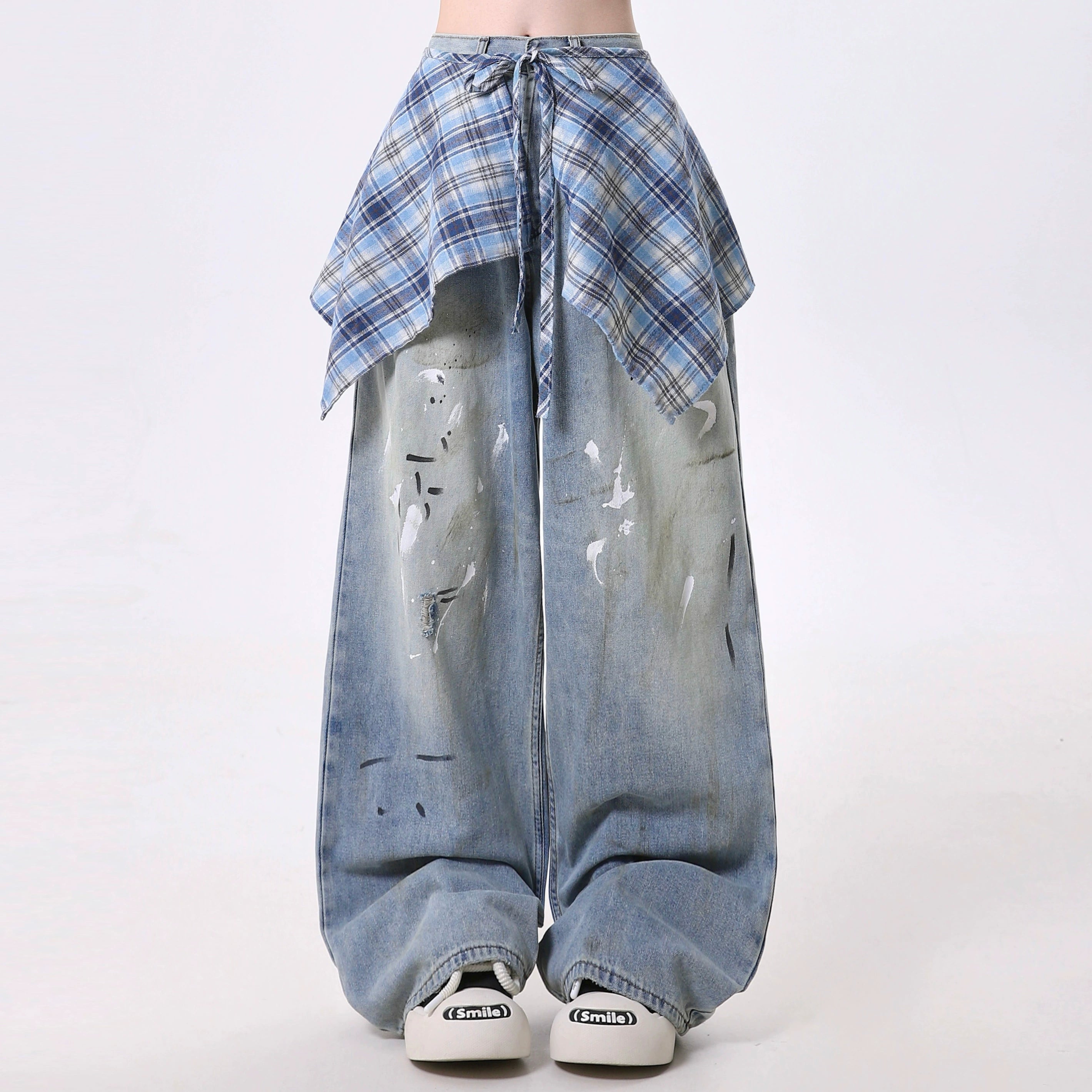 Plaid Wrap Distressed Wide Leg Jeans