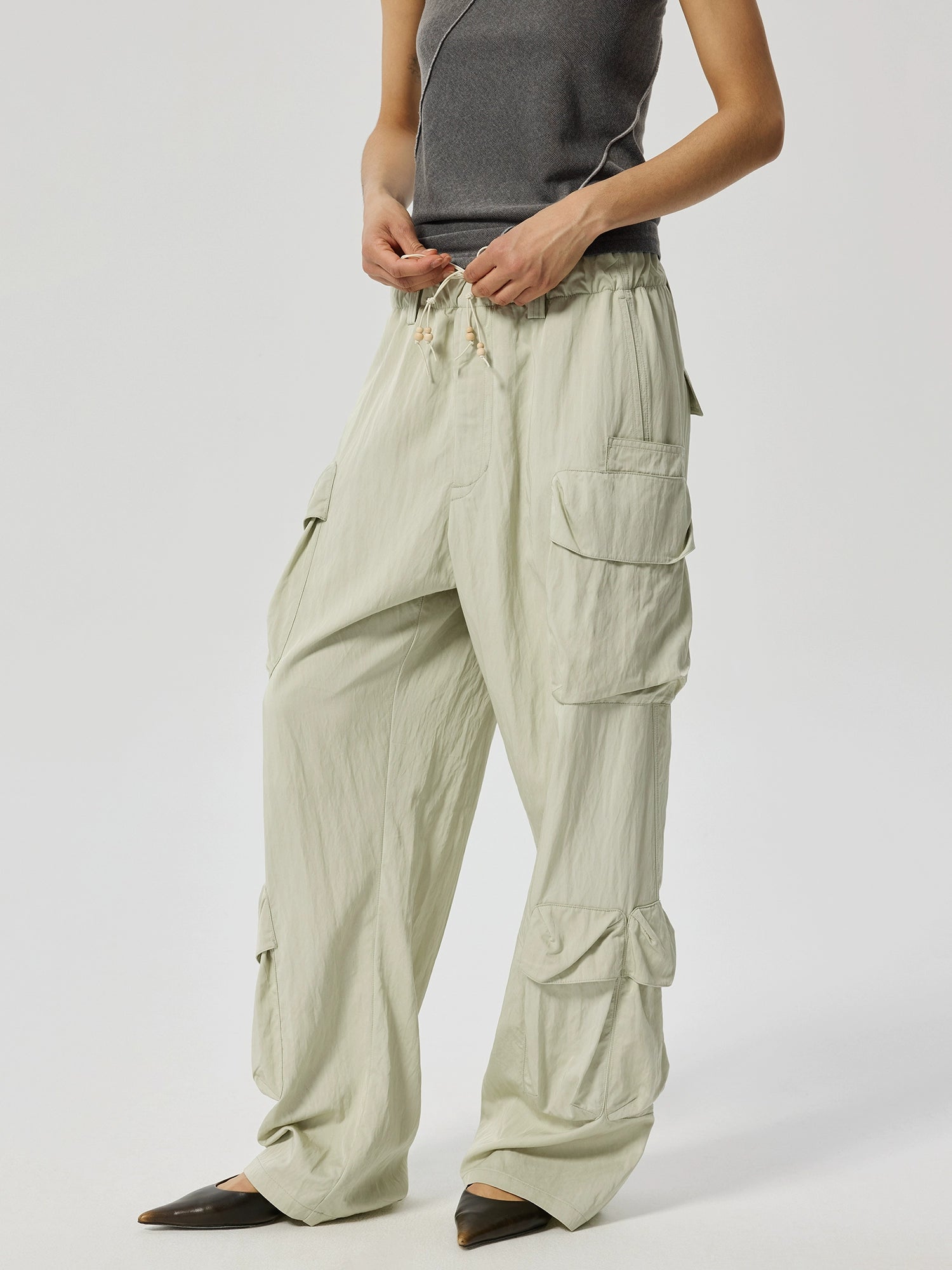 Wide-Leg Cargo Pants with Wood Bead Detail