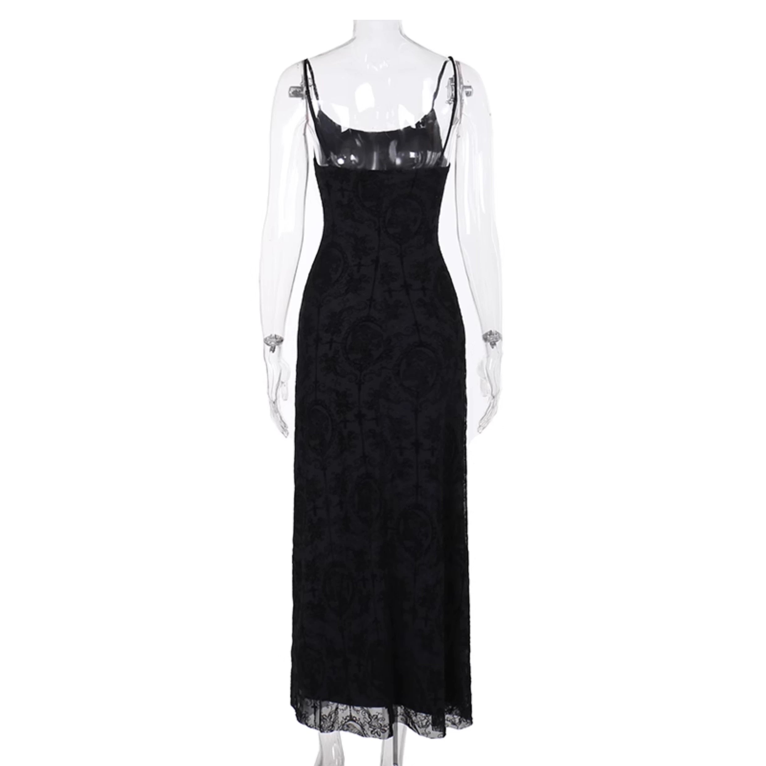 Wannathis Gothic Velvet Maxi Dress - Black Spaghetti Strap Burnout Gown With Lace-Up Arm Warmers