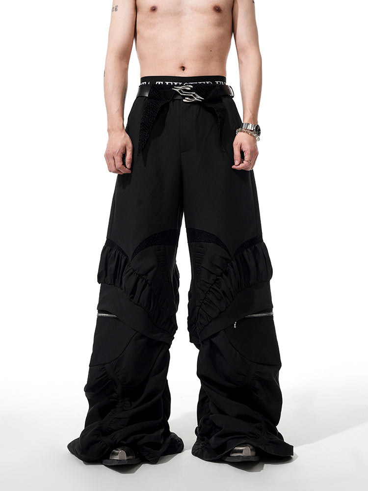 Ruched Wide-Leg Gothic Pants with Zippered Details